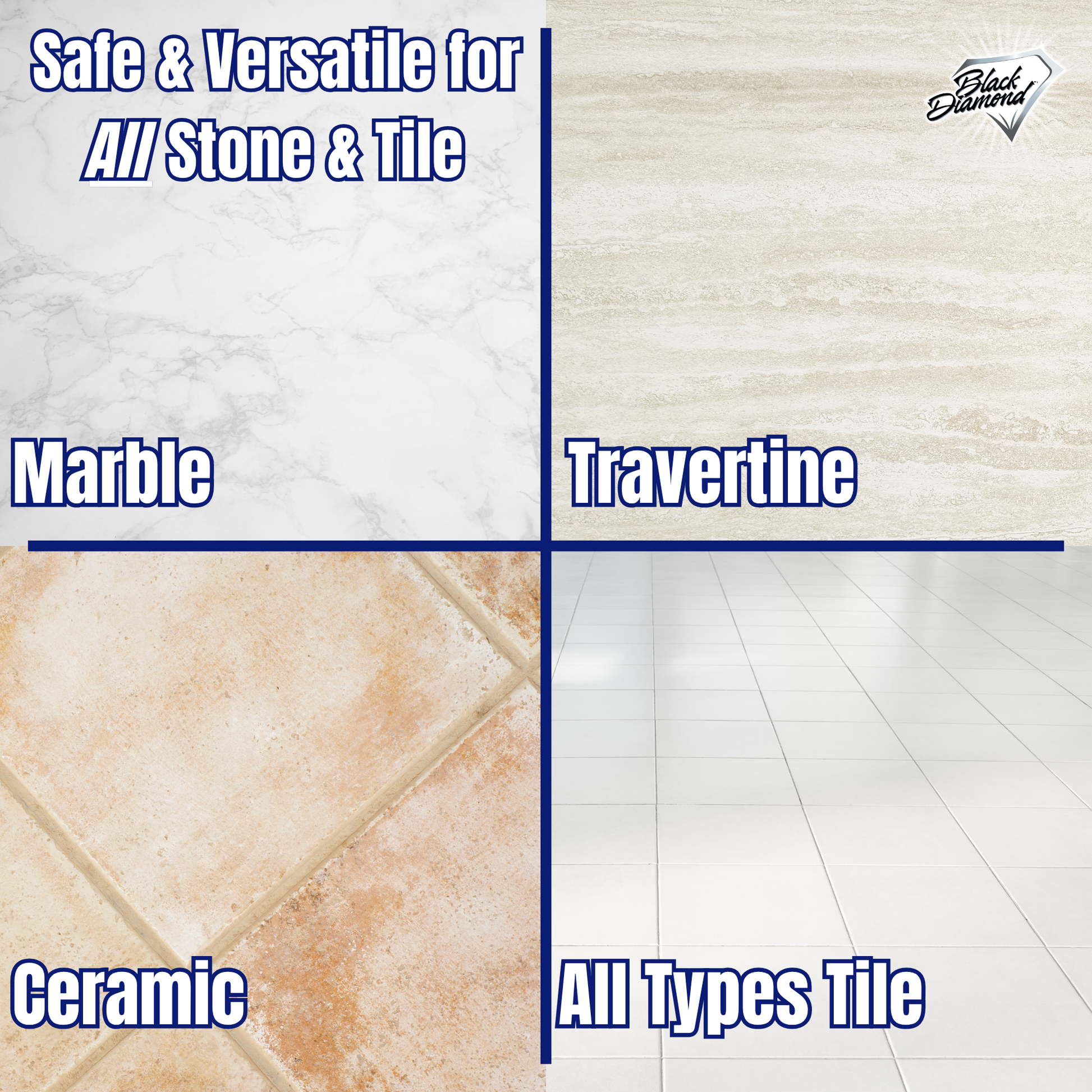 Tile cleaning product compatibility chart for marble, travertine, ceramic, and all types of tile with Black Diamond logo.