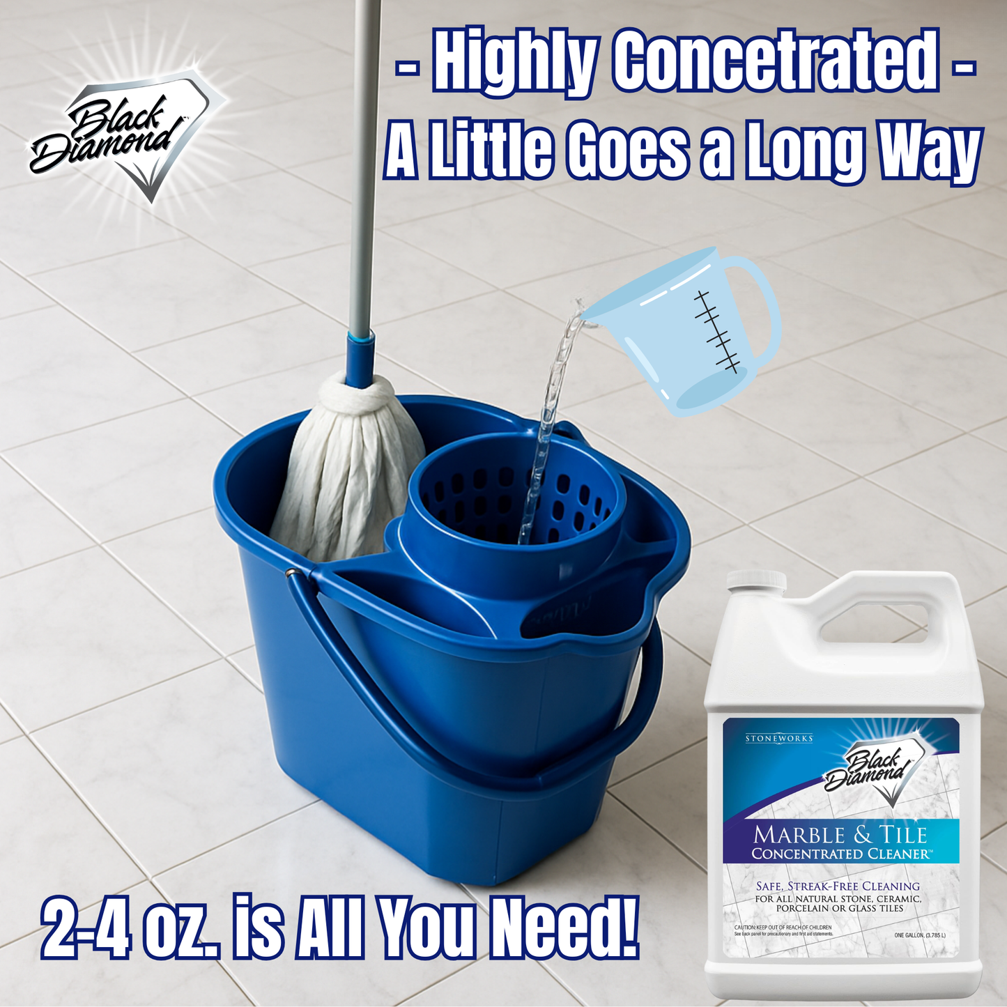 Blue cleaning bucket with mop, measuring cup, and bottle of Black Diamond cleaner on a tiled floor.
