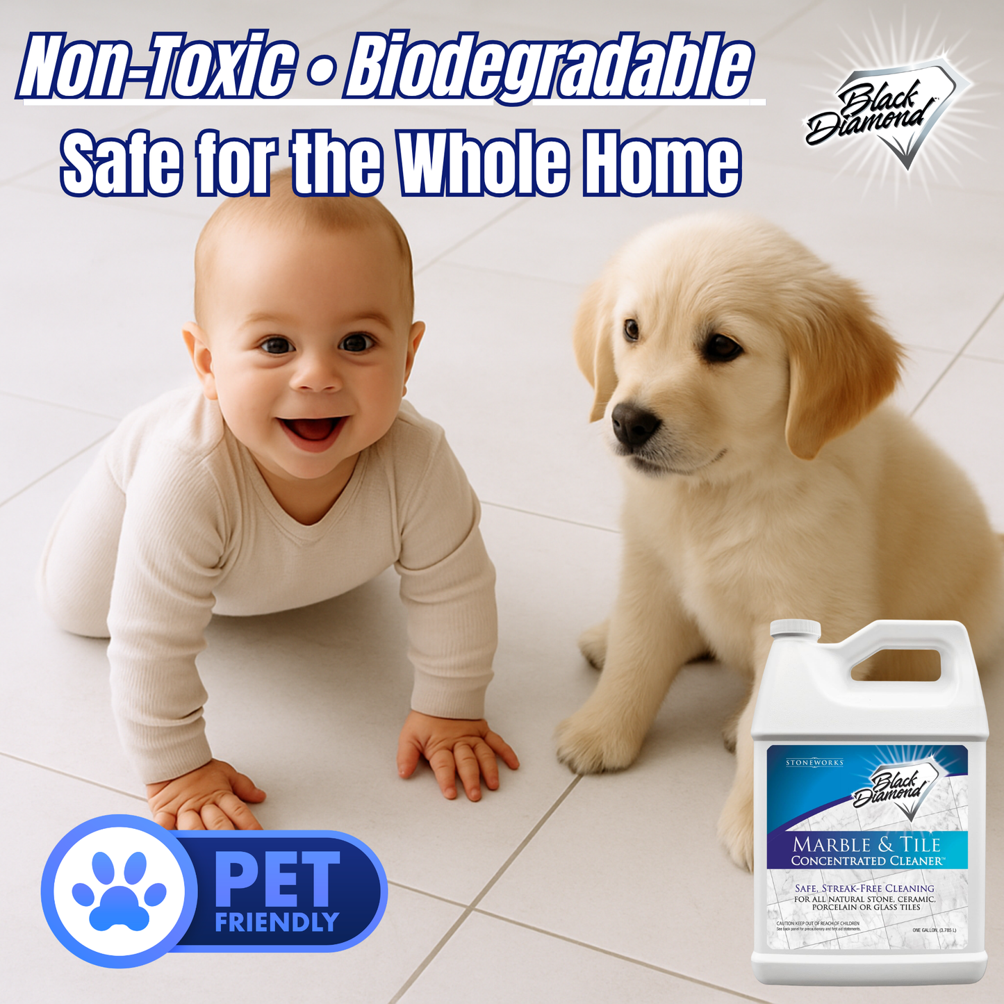 Baby and puppy on a tiled floor with a bottle of cleaning product, emphasizing safety for the home.