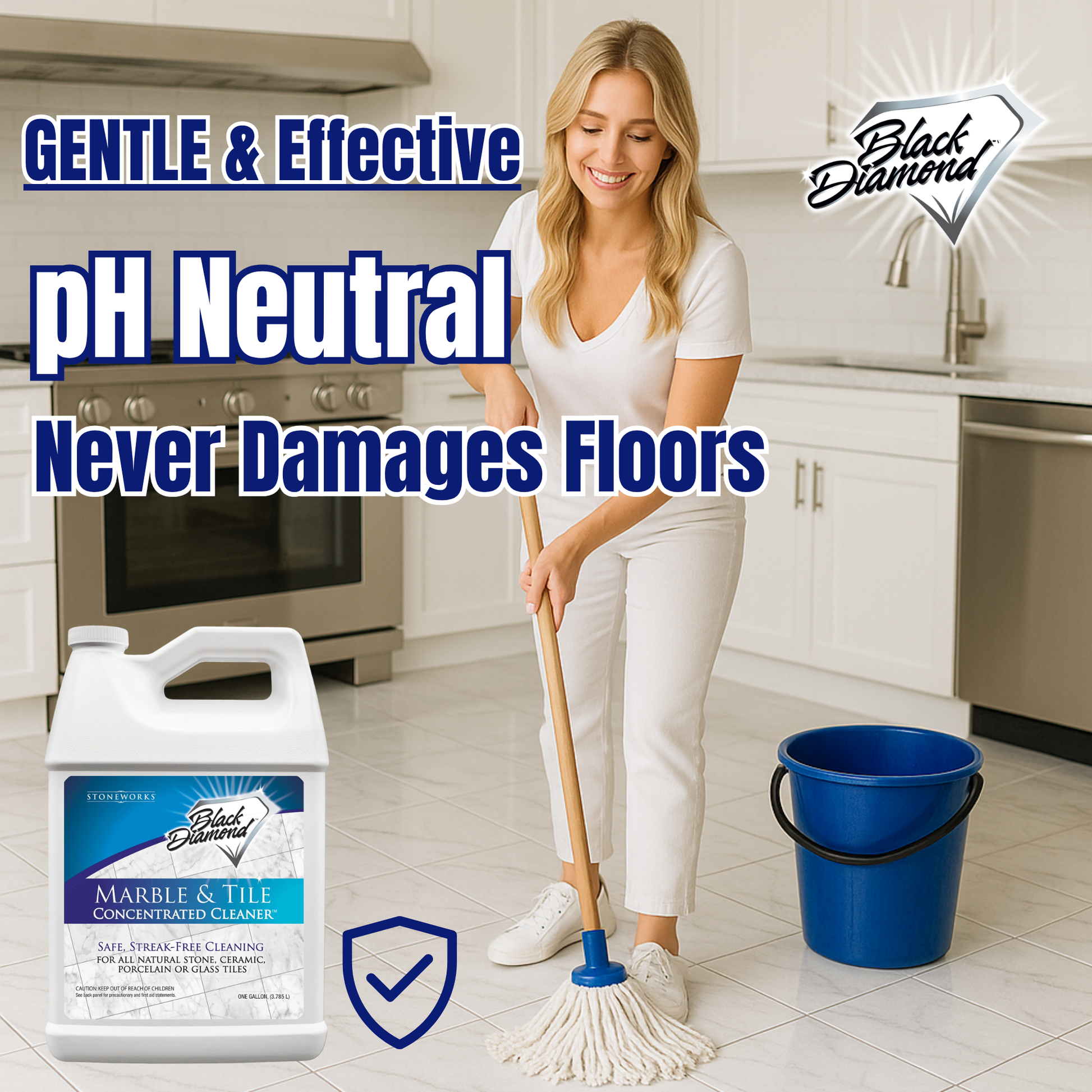 Woman cleaning a kitchen floor with Black Diamond cleaner, emphasizing gentle and effective cleaning.