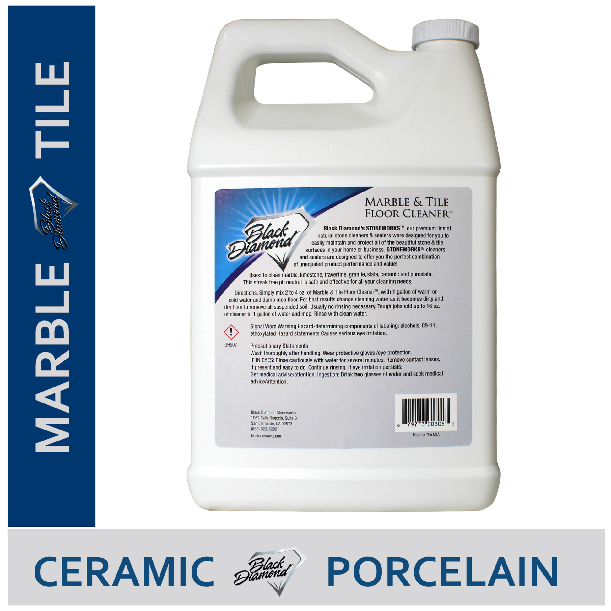 White container of Black Diamond Marble & Tile Floor Cleaner with text on a white background