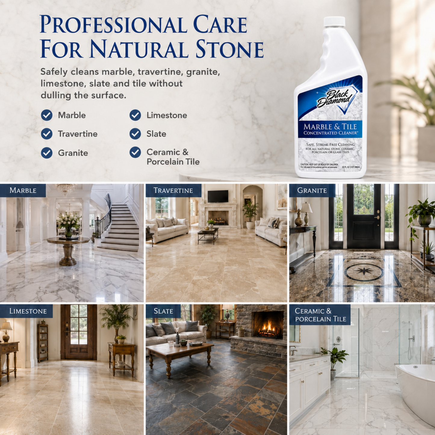 Black Diamond Stoneworks Marble & Tile Floor Cleaner Concentrate, pH Neutral, Streak-Free & No-Rinse Formula for Granite, Travertine, Limestone, Slate, Ceramic & Porcelain Floors