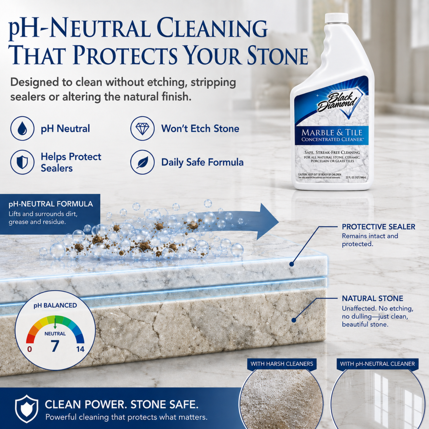 Black Diamond Stoneworks Marble & Tile Floor Cleaner Concentrate, pH Neutral, Streak-Free & No-Rinse Formula for Granite, Travertine, Limestone, Slate, Ceramic & Porcelain Floors