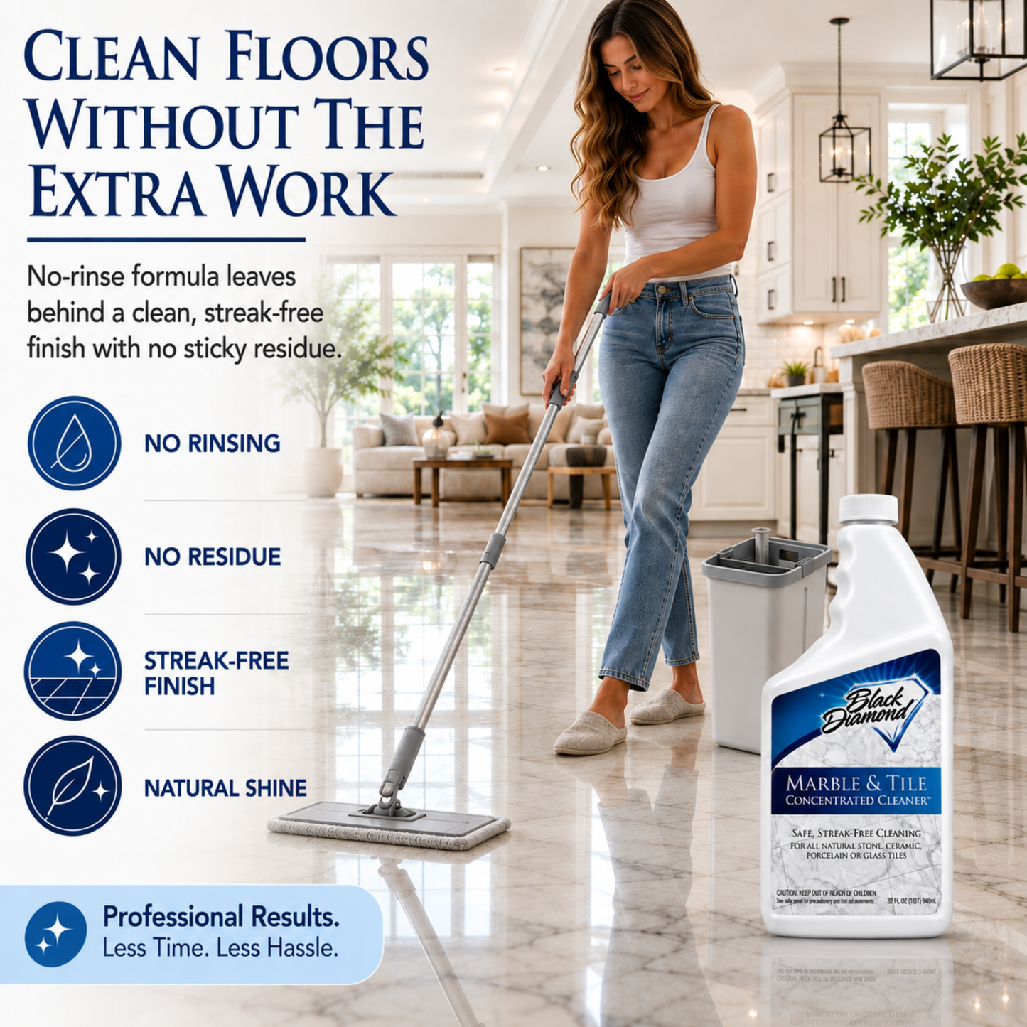 Black Diamond Stoneworks Marble & Tile Floor Cleaner Concentrate, pH Neutral, Streak-Free & No-Rinse Formula for Granite, Travertine, Limestone, Slate, Ceramic & Porcelain Floors