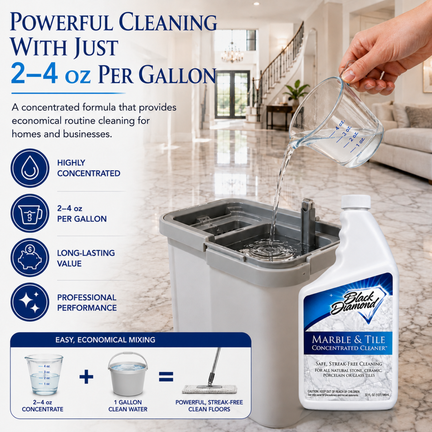 Black Diamond Stoneworks Marble & Tile Floor Cleaner Concentrate, pH Neutral, Streak-Free & No-Rinse Formula for Granite, Travertine, Limestone, Slate, Ceramic & Porcelain Floors