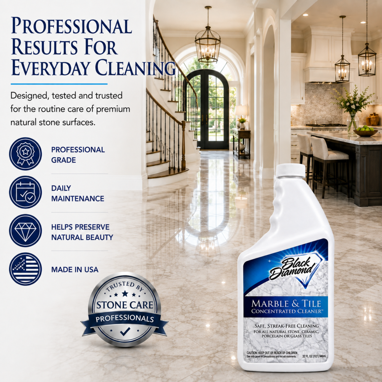Black Diamond Stoneworks Marble & Tile Floor Cleaner Concentrate, pH Neutral, Streak-Free & No-Rinse Formula for Granite, Travertine, Limestone, Slate, Ceramic & Porcelain Floors