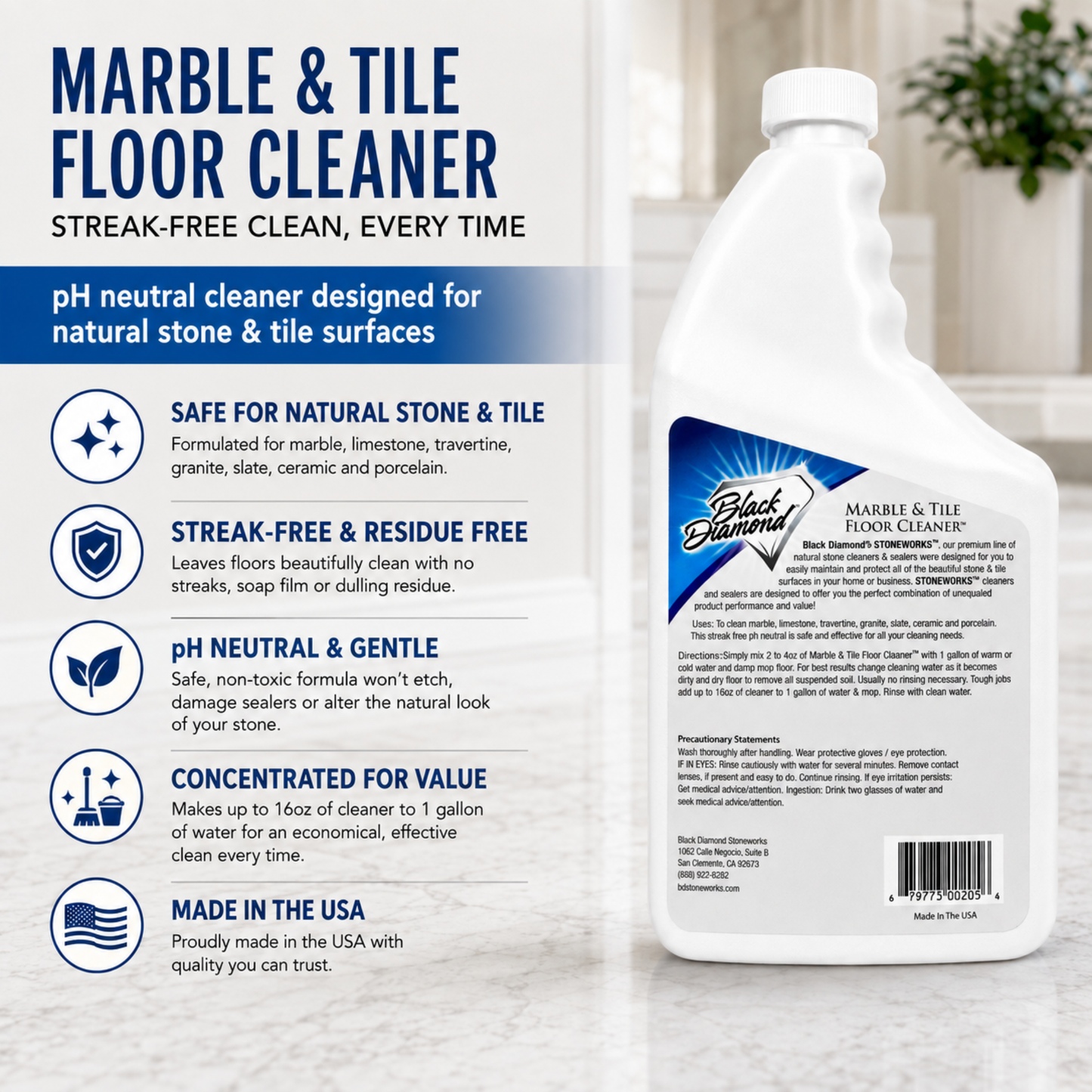 Black Diamond Stoneworks Marble & Tile Floor Cleaner Concentrate, pH Neutral, Streak-Free & No-Rinse Formula for Granite, Travertine, Limestone, Slate, Ceramic & Porcelain Floors