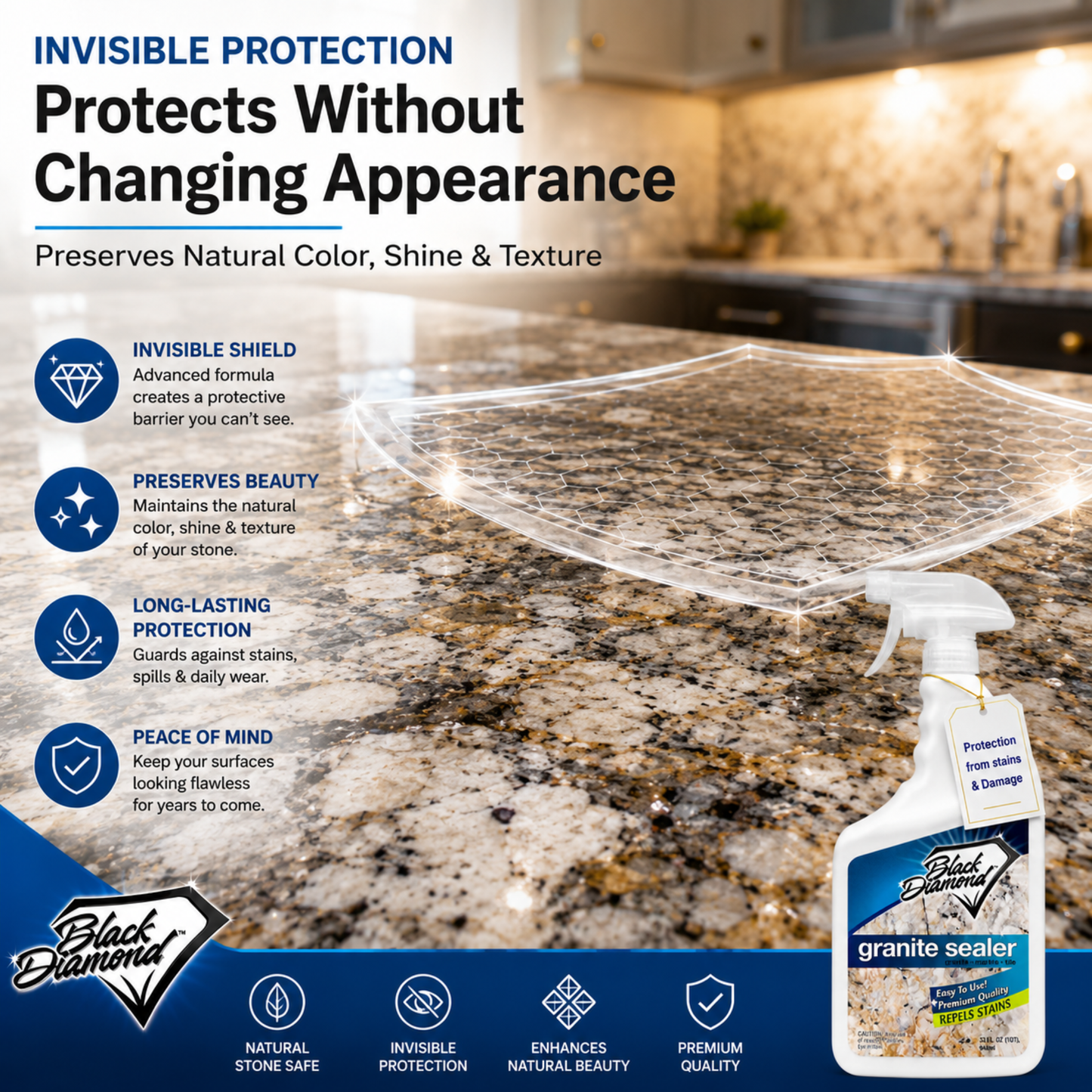 Granite countertop with a spray bottle labeled 'Black Diamond' and text about invisible protection.