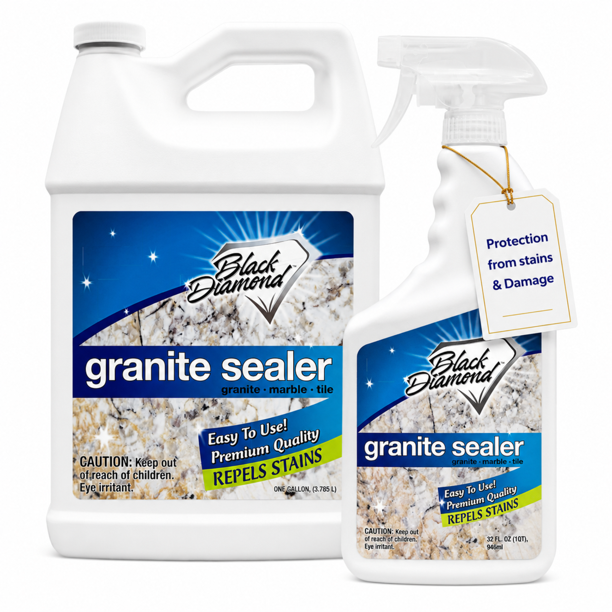 Two bottles of Black Diamond granite sealer on a white background