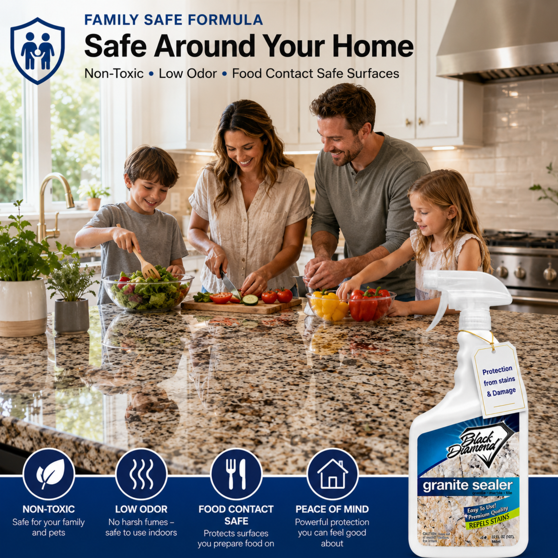 Family preparing food in a kitchen with a bottle of granite sealer.