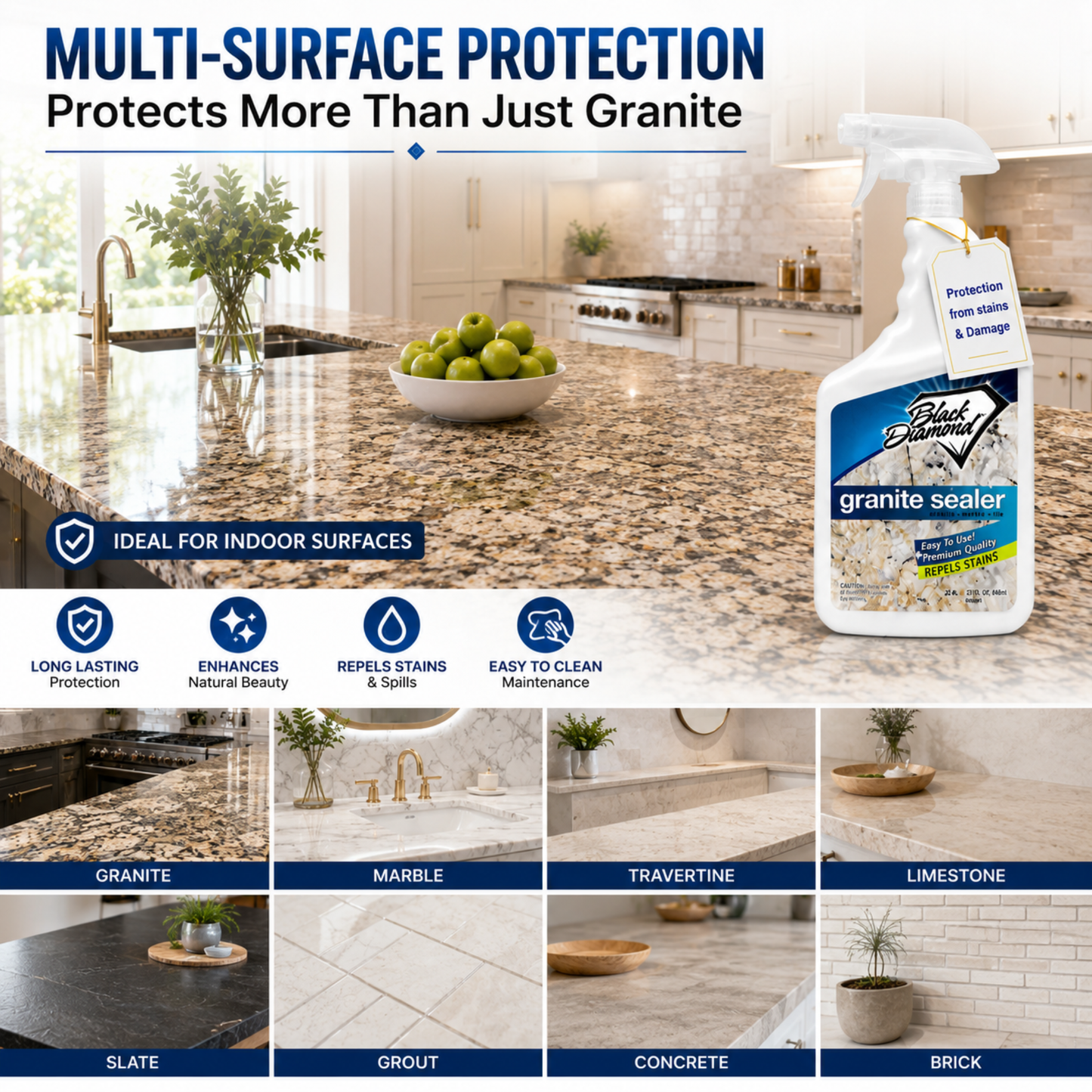 Advertisement for Black Diamond granite sealer with a kitchen counter and various stone surfaces shown.
