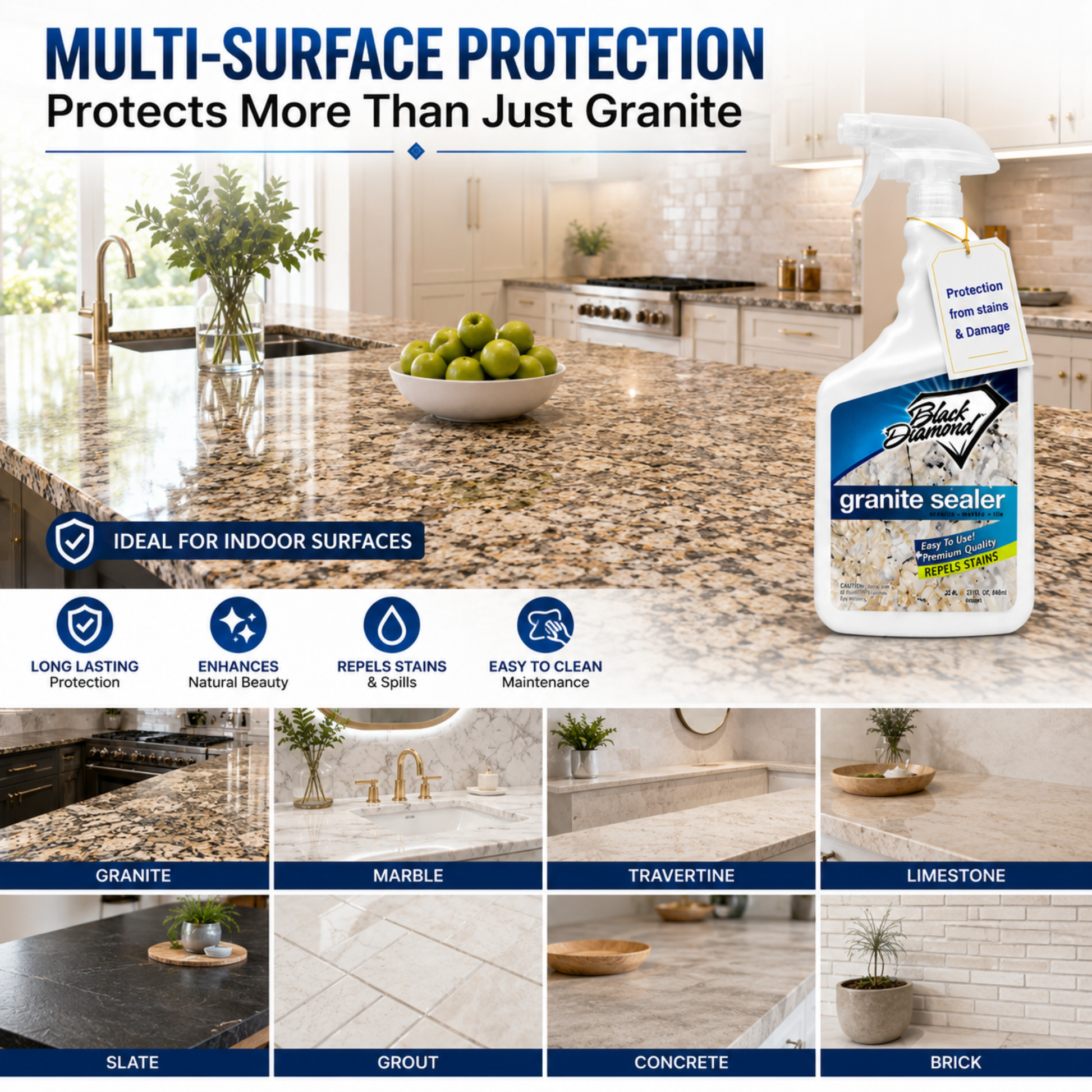 Advertisement for Black Diamond granite sealer with a kitchen counter and various stone surfaces shown.