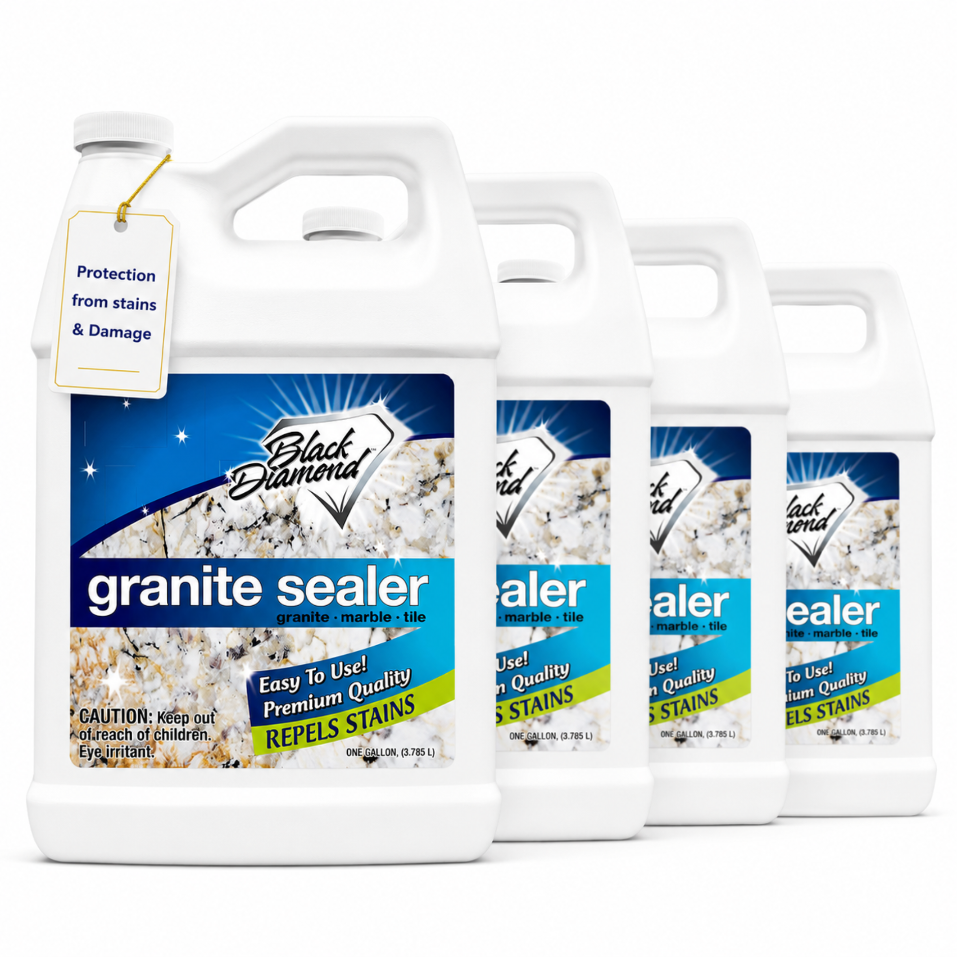 Four bottles of Black Diamond granite sealer on a white background