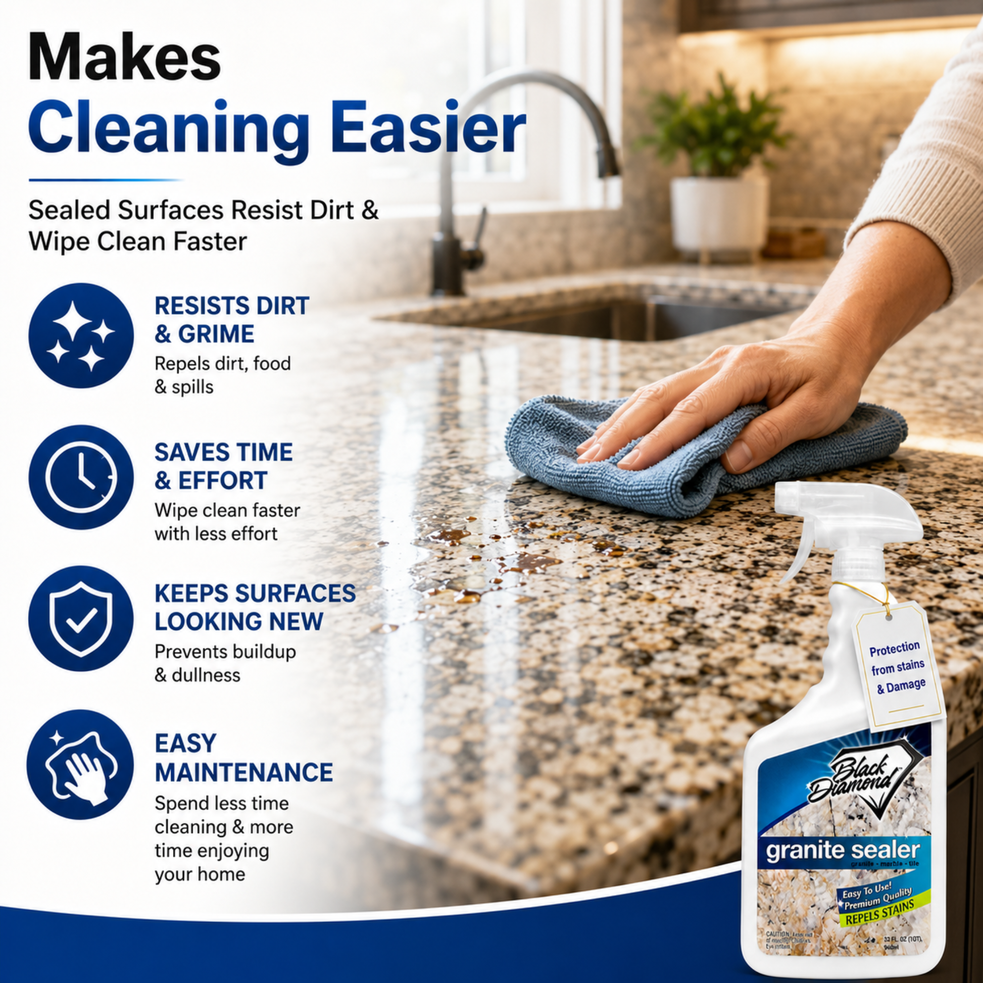 Person cleaning a granite countertop with a spray bottle labeled 'granite sealer' in a kitchen setting.