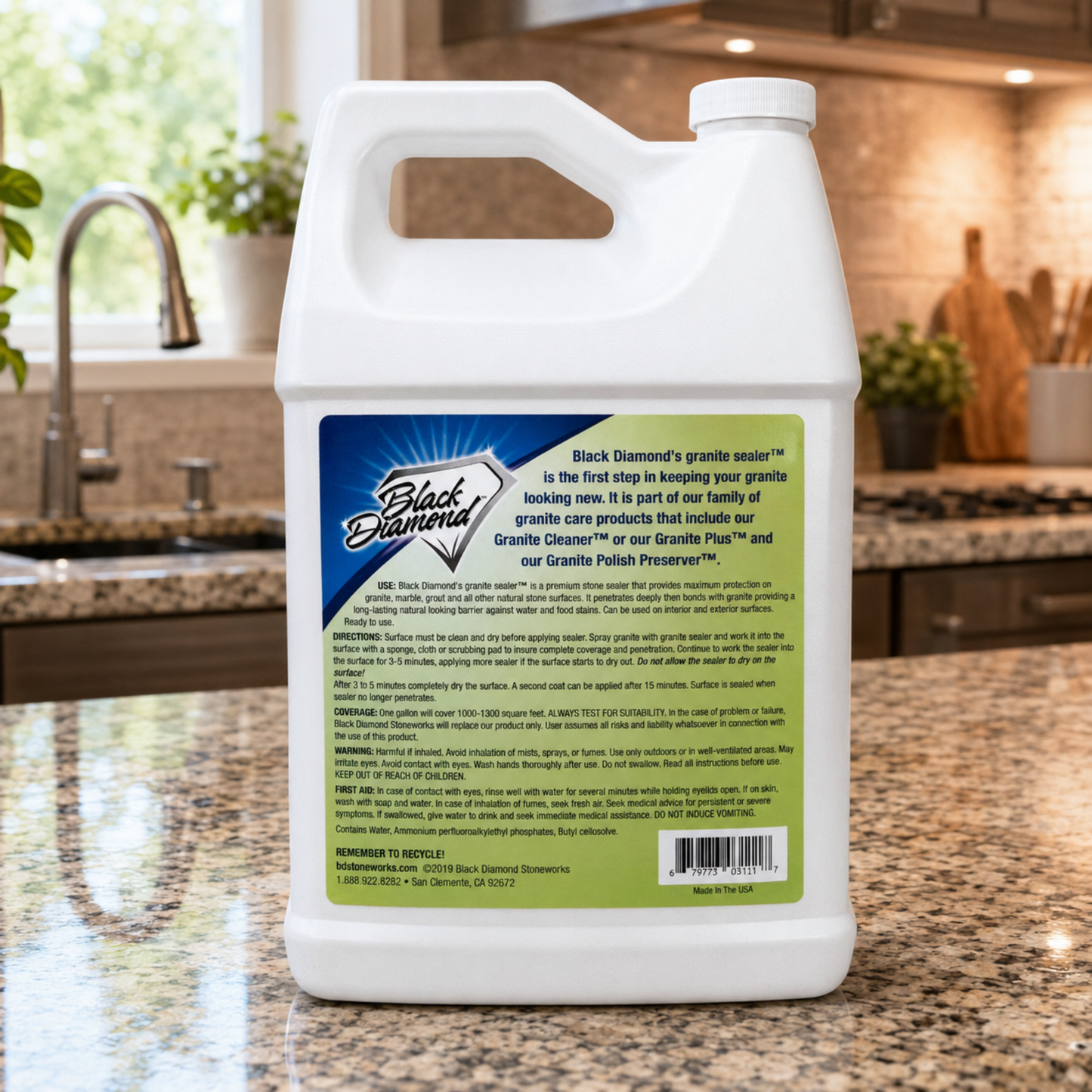 White bottle of Black Diamond granite cleaner on a kitchen counter