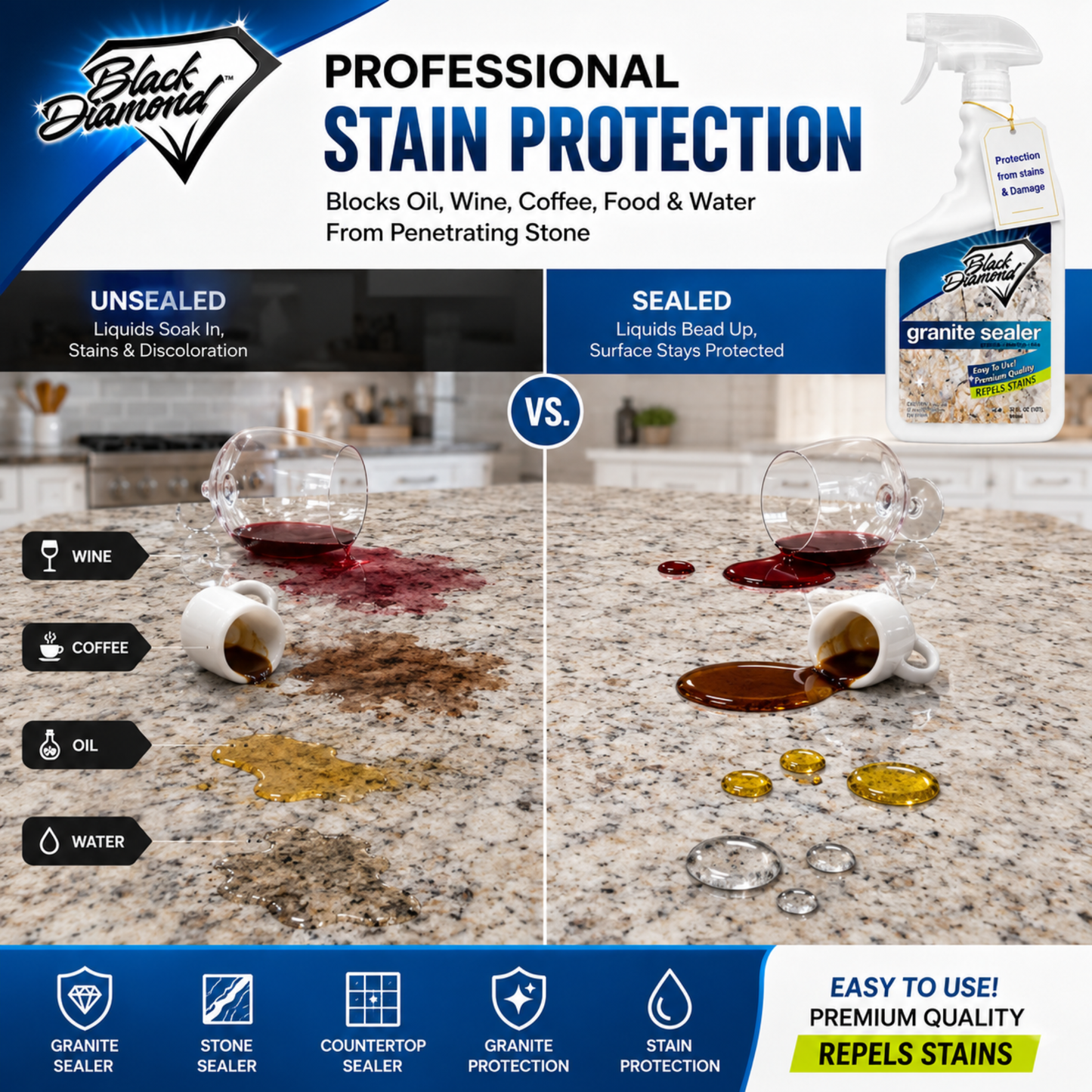 Black Diamond granite sealer advertisement showing stain protection on a kitchen countertop.
