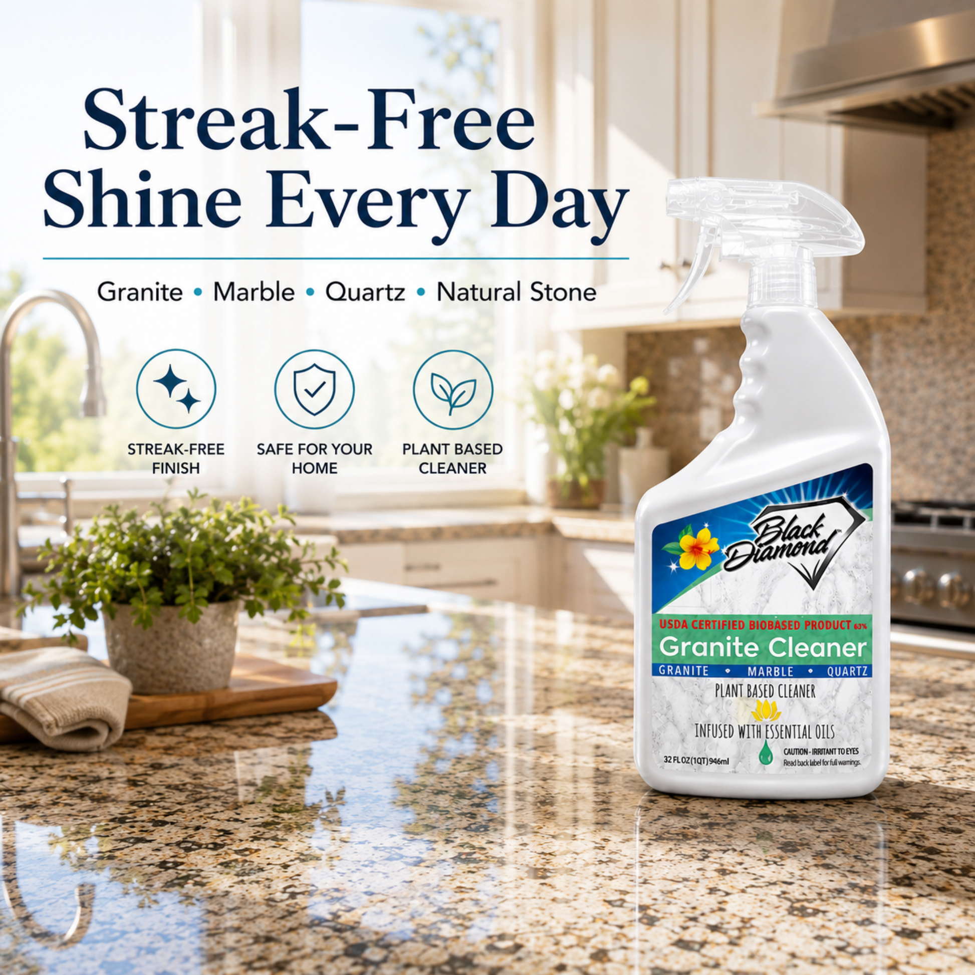 Black Diamond Granite Cleaner bottle on a kitchen counter with text about streak-free shine.