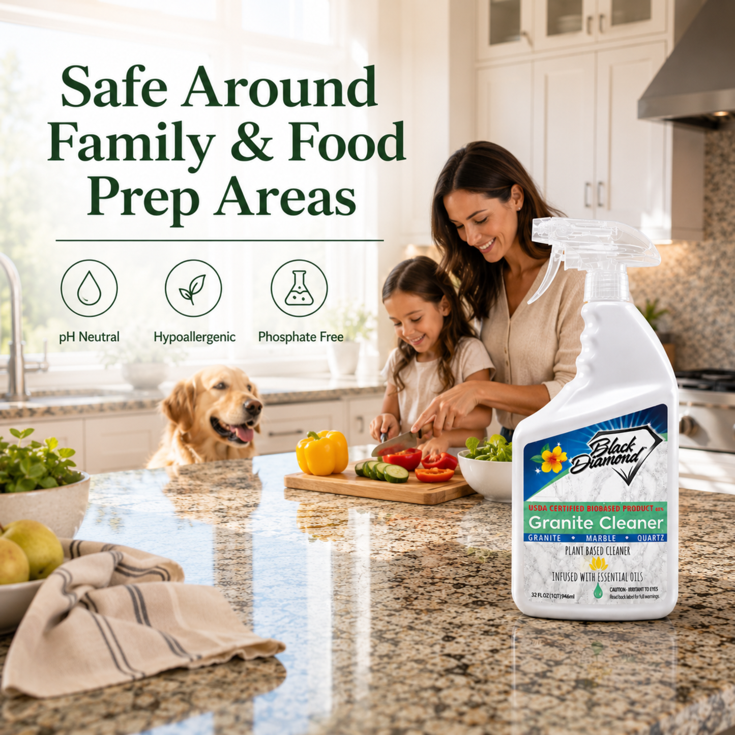 Woman and child preparing food in a kitchen with a bottle of Black Diamond Granite Cleaner.