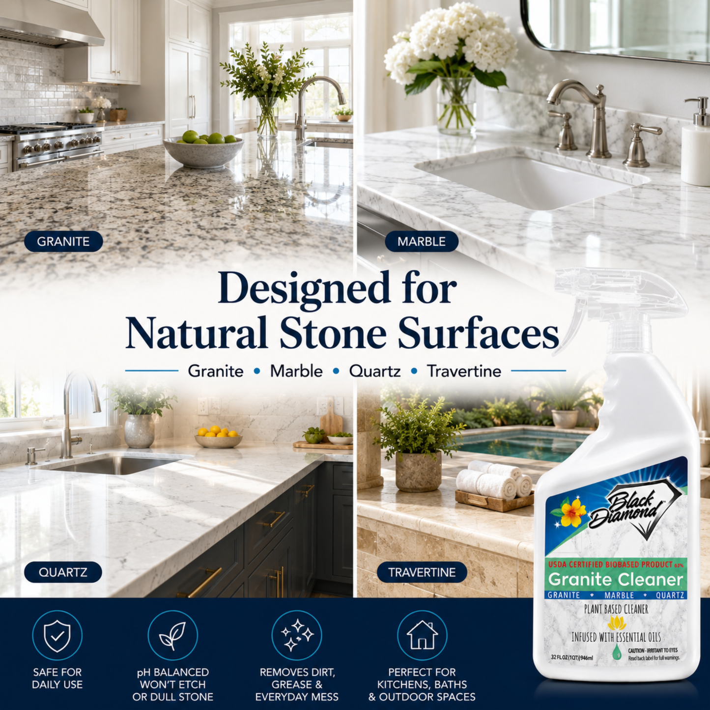 Advertisement for Black Diamond Granite Cleaner showing different stone surfaces with a bottle of cleaner.