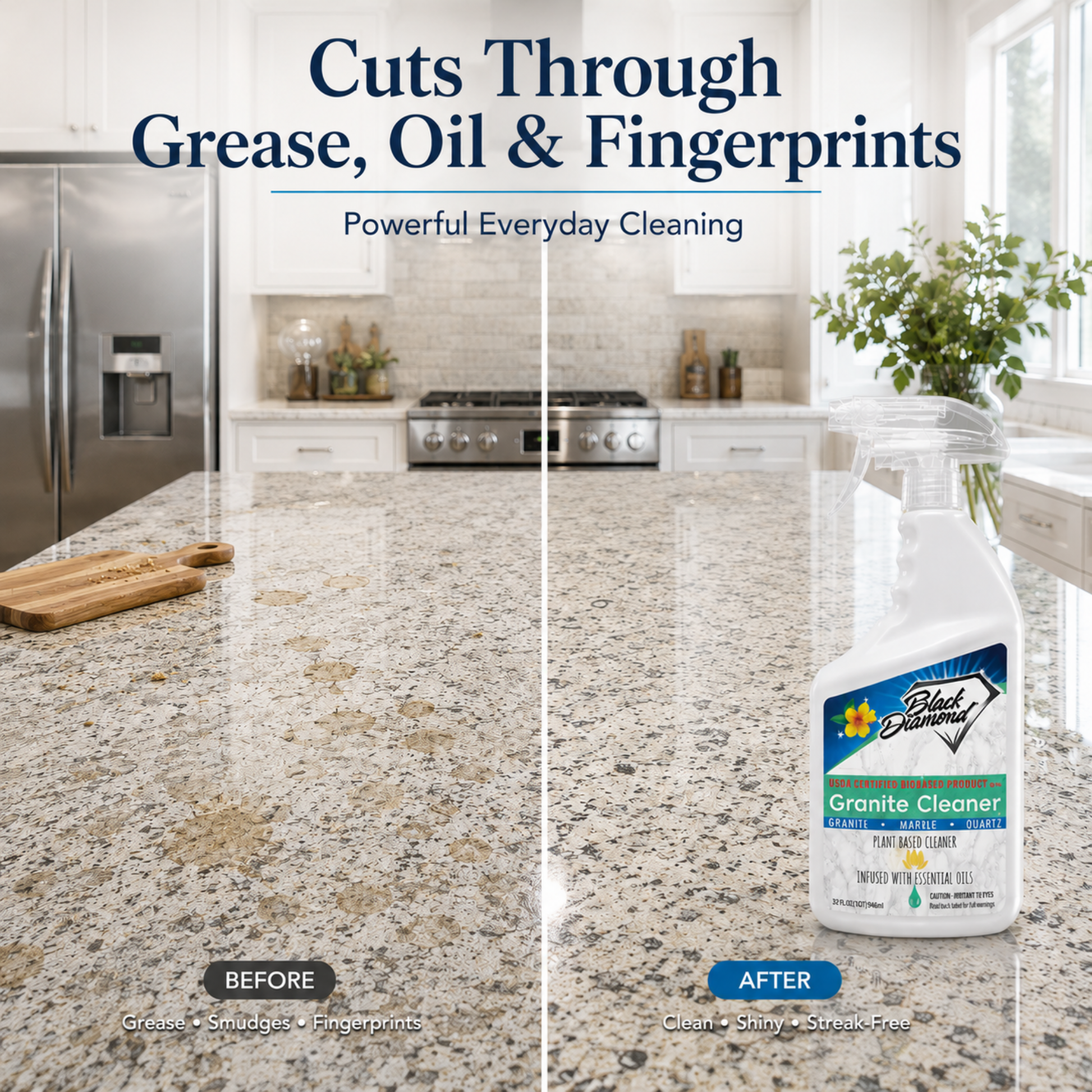 Before and after comparison of a kitchen countertop with a bottle of Granite Cleaner.