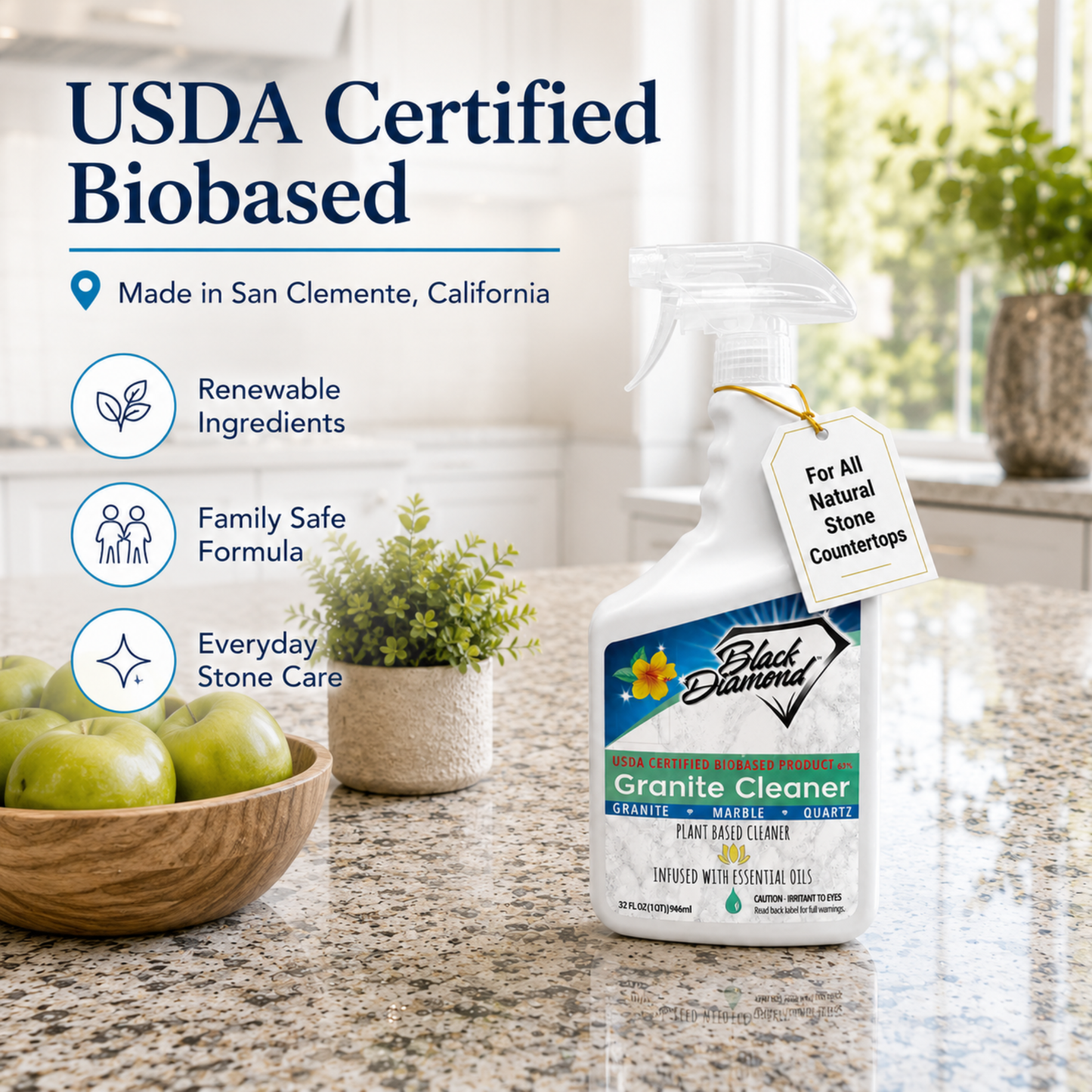 Black Diamond Granite Cleaner bottle on a kitchen counter with USDA Certified Biobased label and product features.