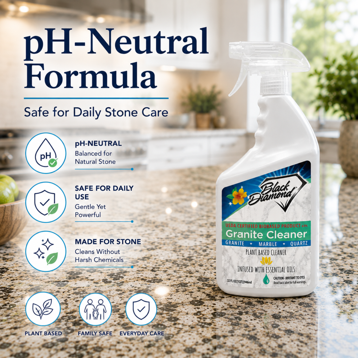 Black Diamond Granite Cleaner bottle on a kitchen counter with product features highlighted.