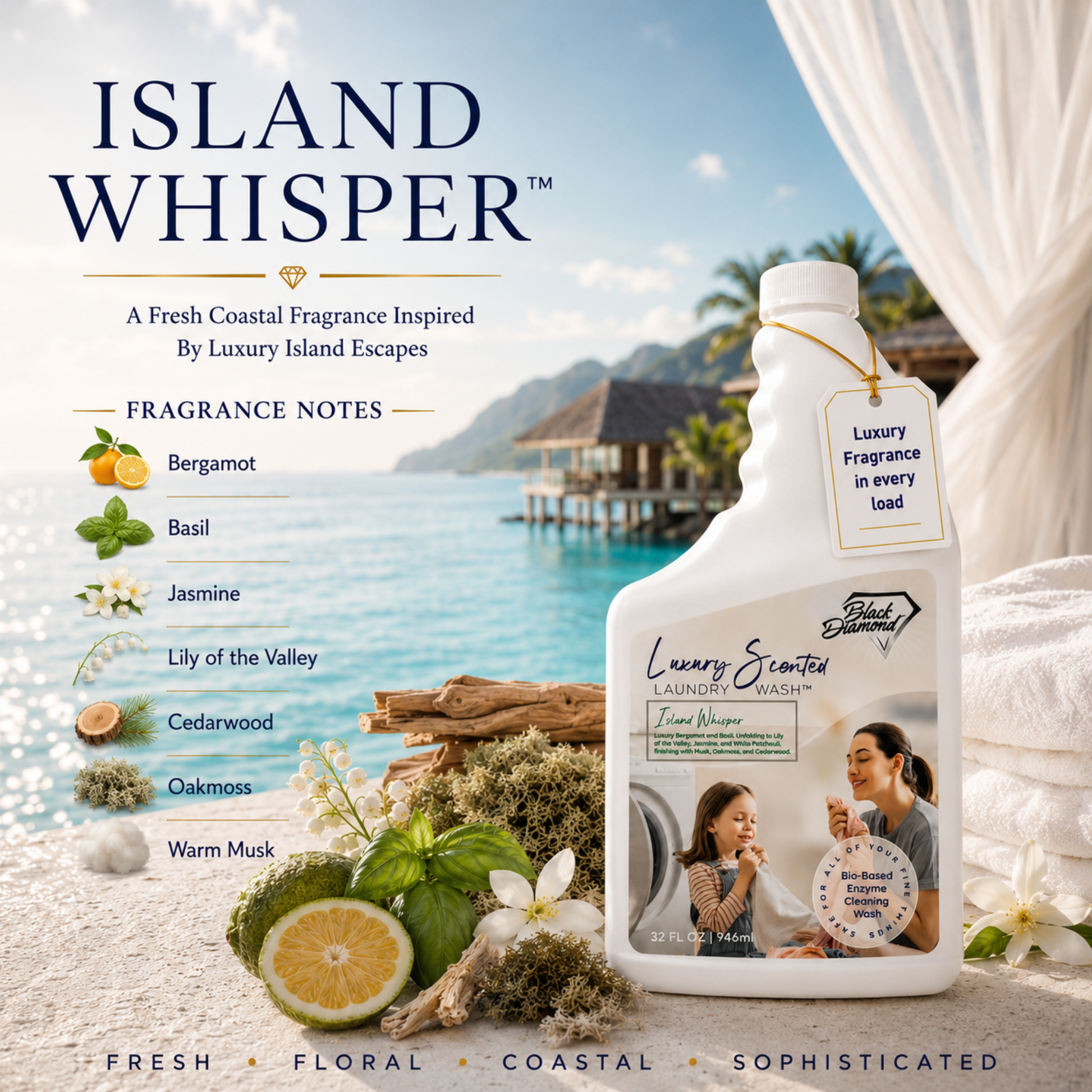 Island Whisper laundry detergent bottle with scenic background showing scent profile of this laundry wash