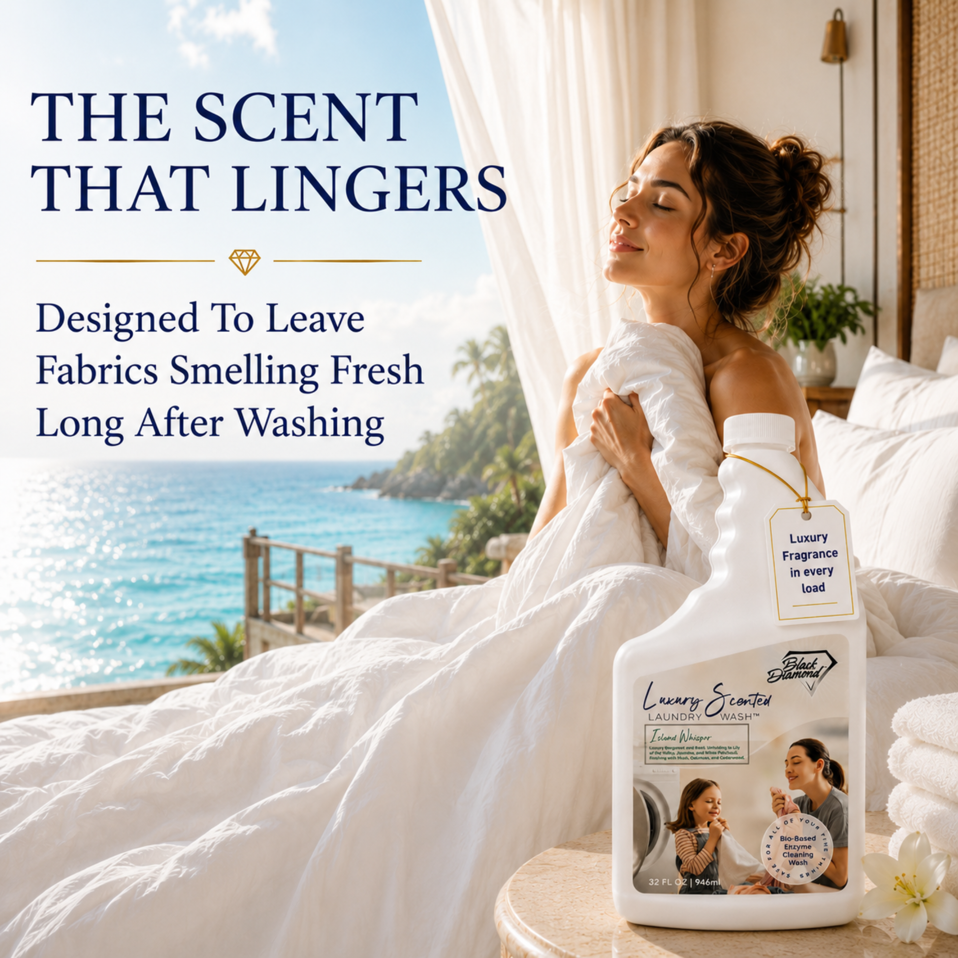 Woman in a white robe sitting on a bed with a view of the ocean, next to a bottle of luxury laundry detergent enjoying the smell of the detergent 