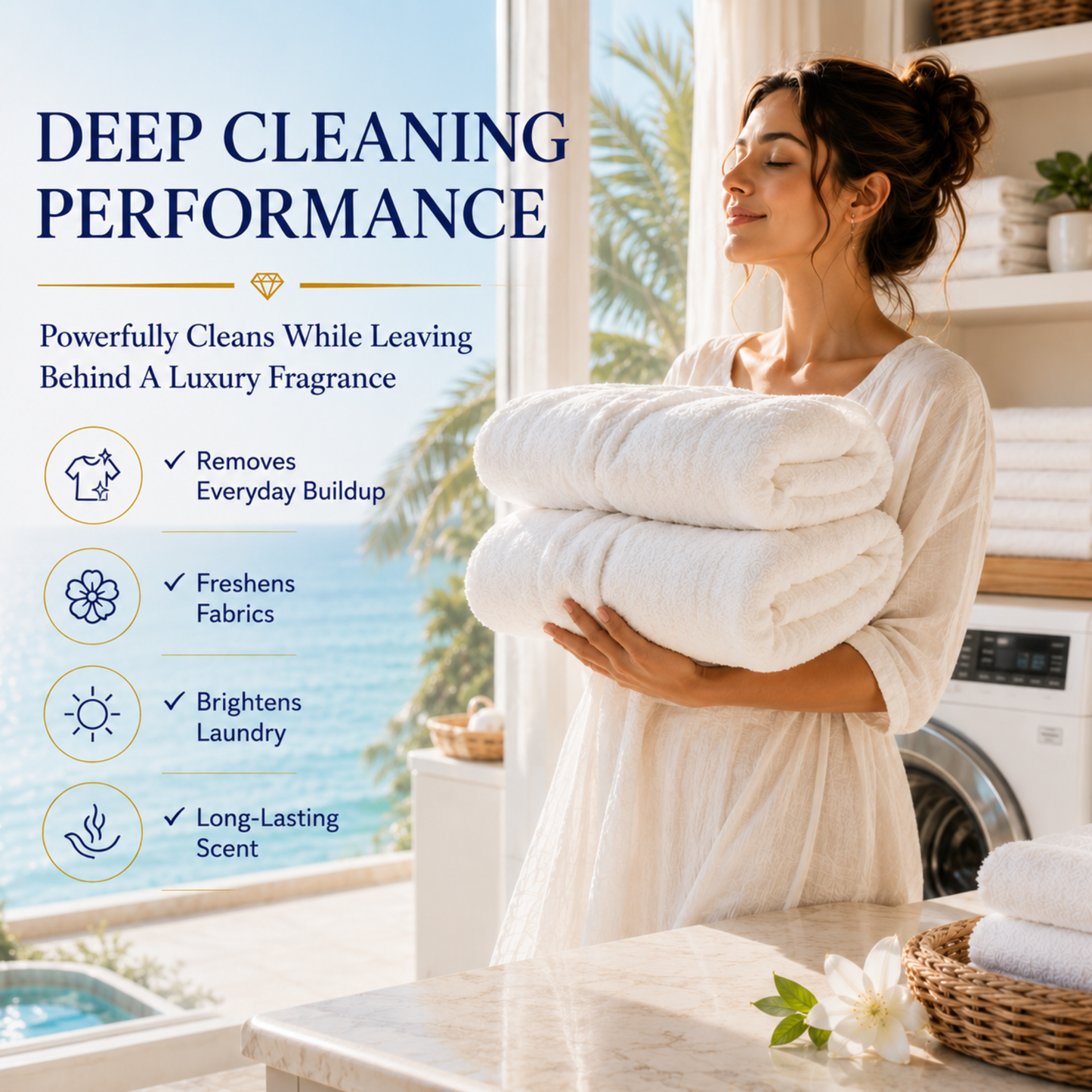 Woman holding folded towels in a bright laundry room with text about deep cleaning performance of black diamond stoneworks island whisper laundry wash.