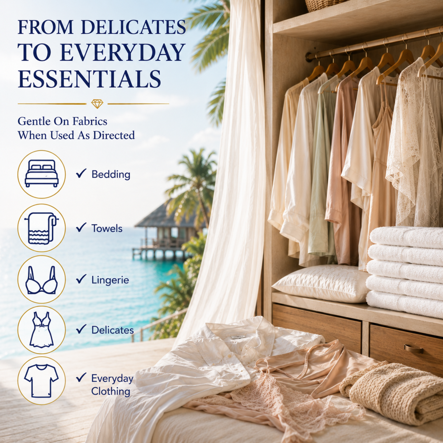 Clothing rack with folded clothes, towels, and bedding in a room with a scenic view of a beach and palm trees showing this product works on all types of fabric.