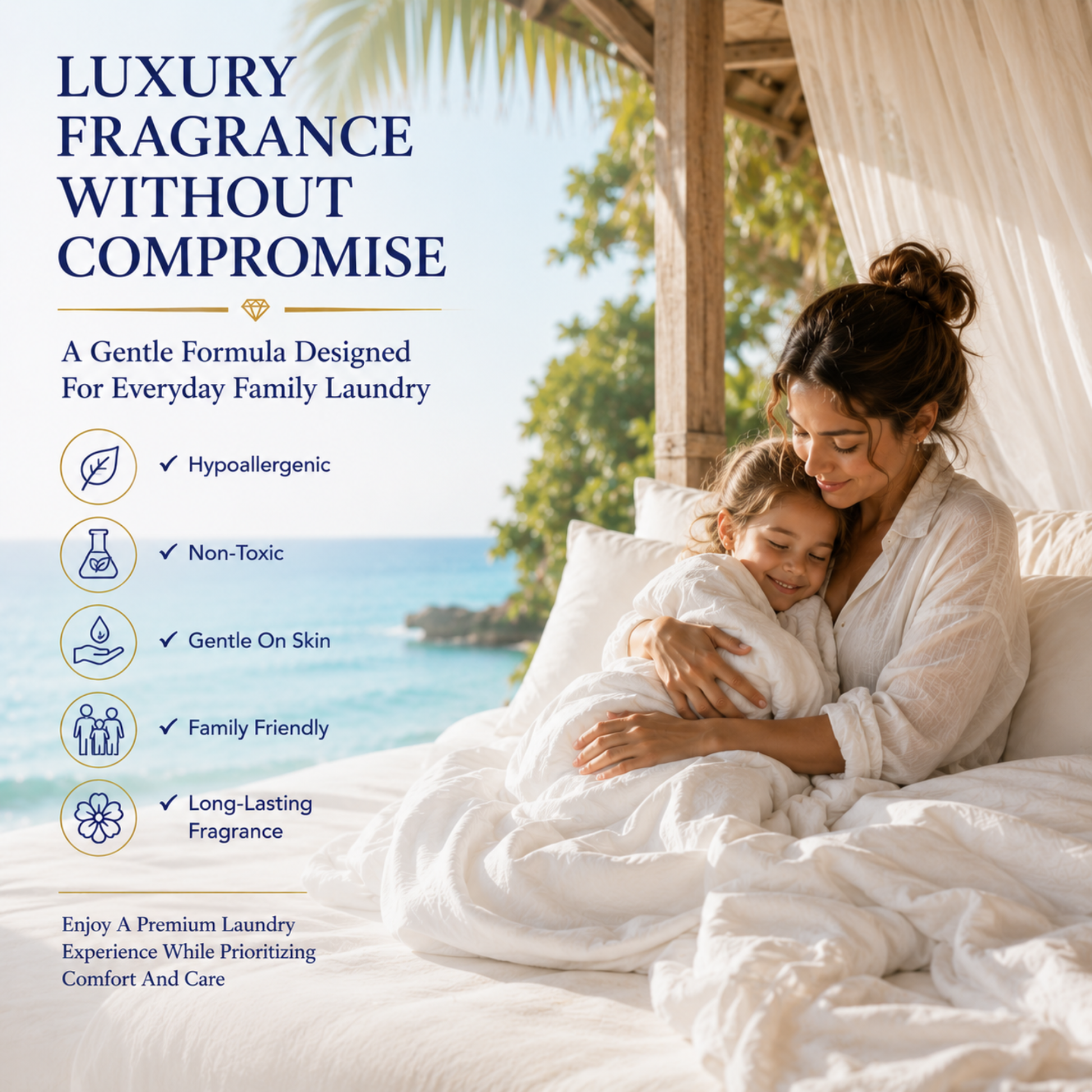 Woman and child hugging on a bed with scenic background, promoting a laundry product that is non toxic and hypoallergenic and still has a great essential oil fragrance. 