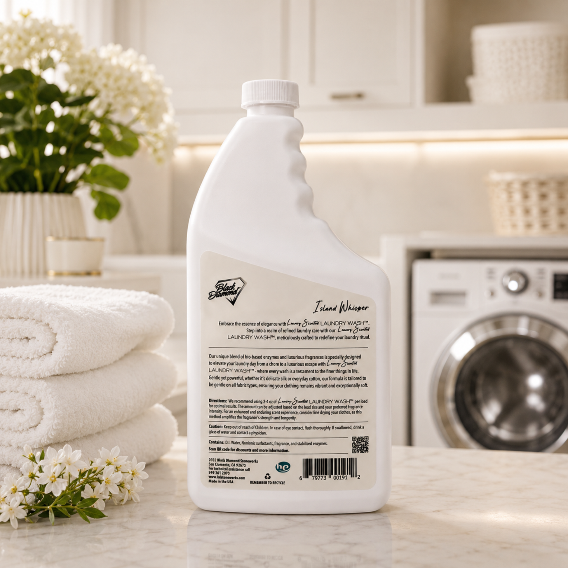 White laundry detergent bottle showing the back label and information on how to use it. 