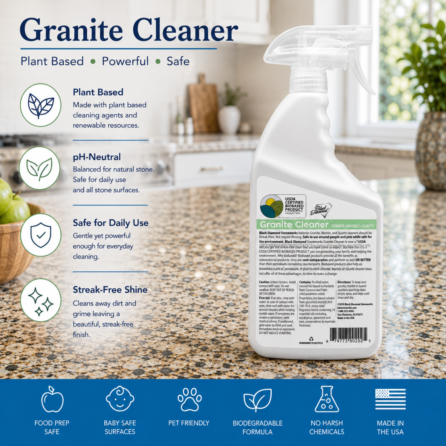 Granite cleaner spray bottle on a granite countertop with product features listed.