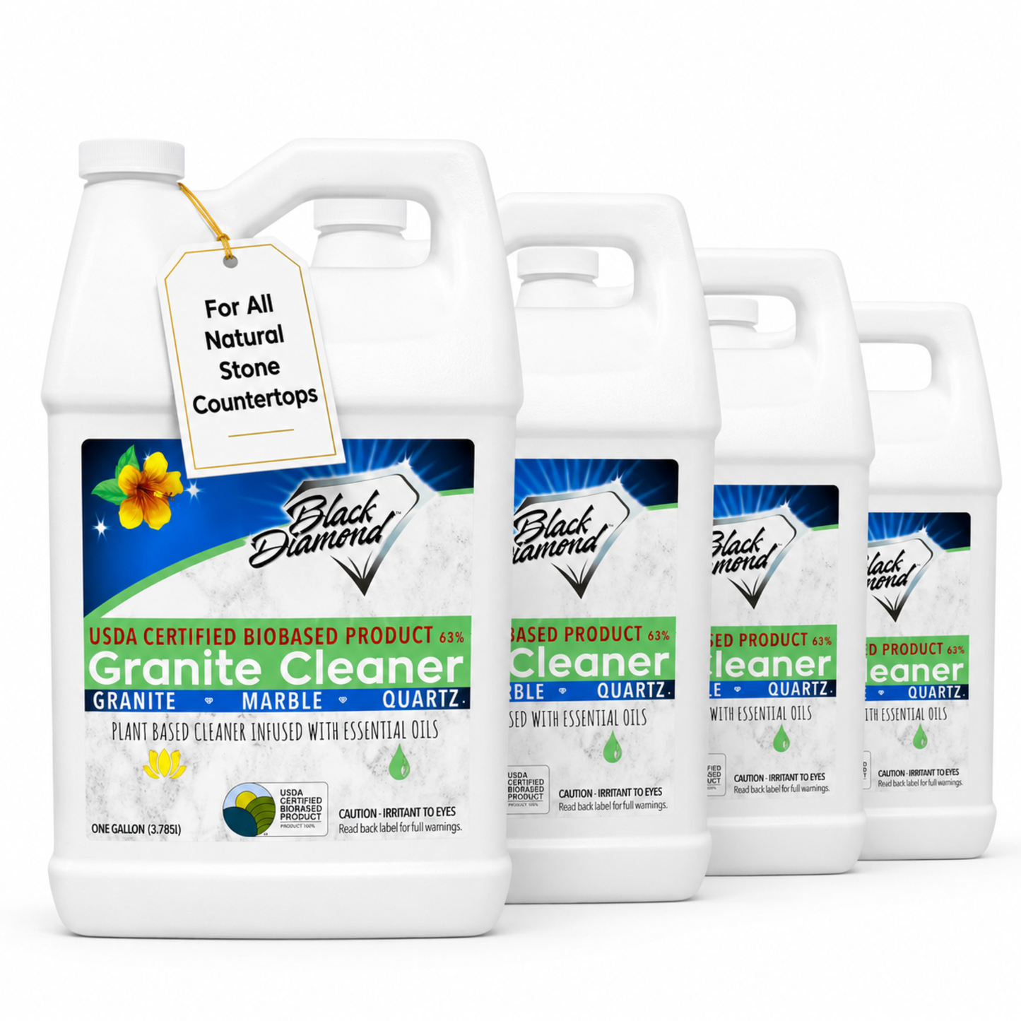 Four bottles of Black Diamond Granite Cleaner on a white background