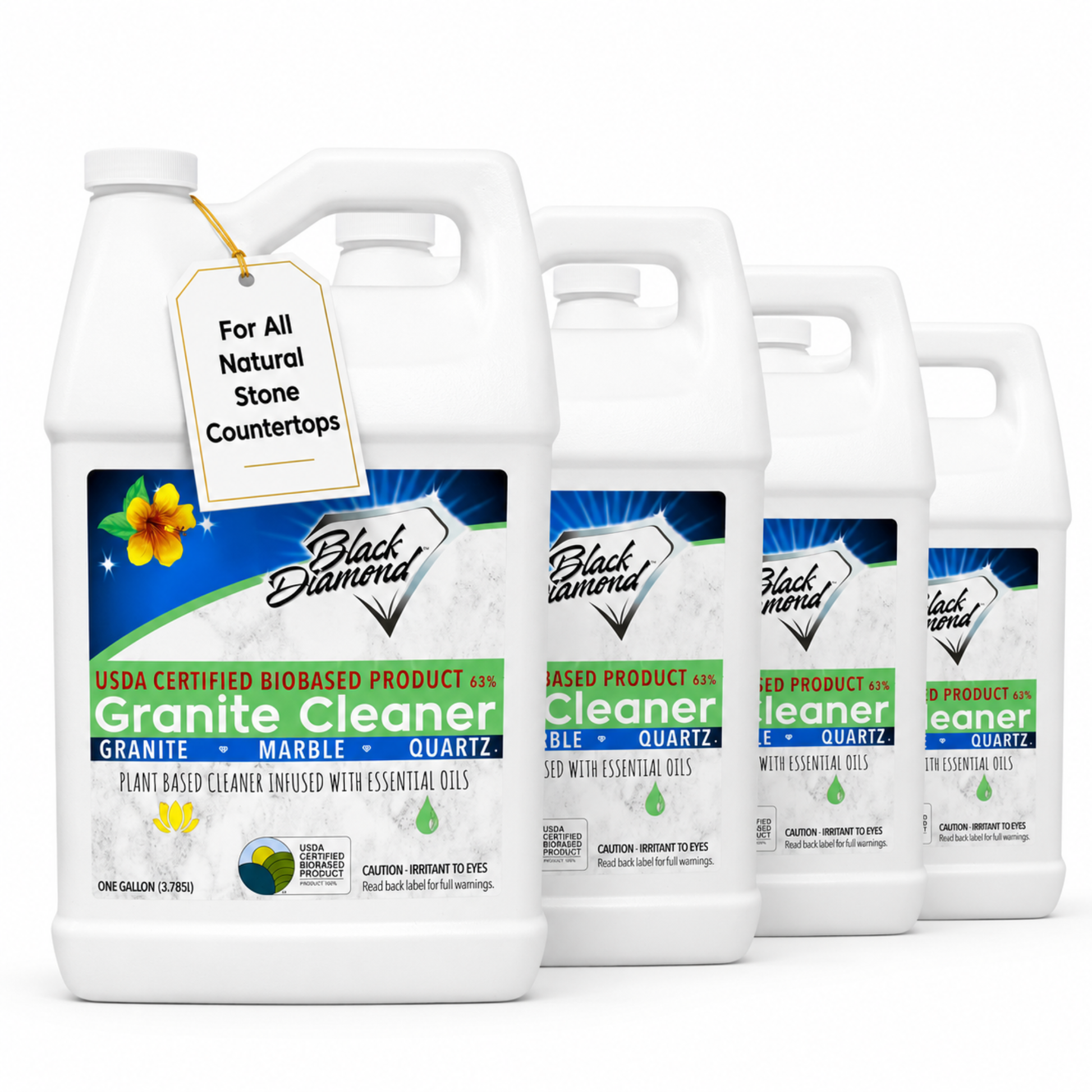 Four bottles of Black Diamond Granite Cleaner on a white background