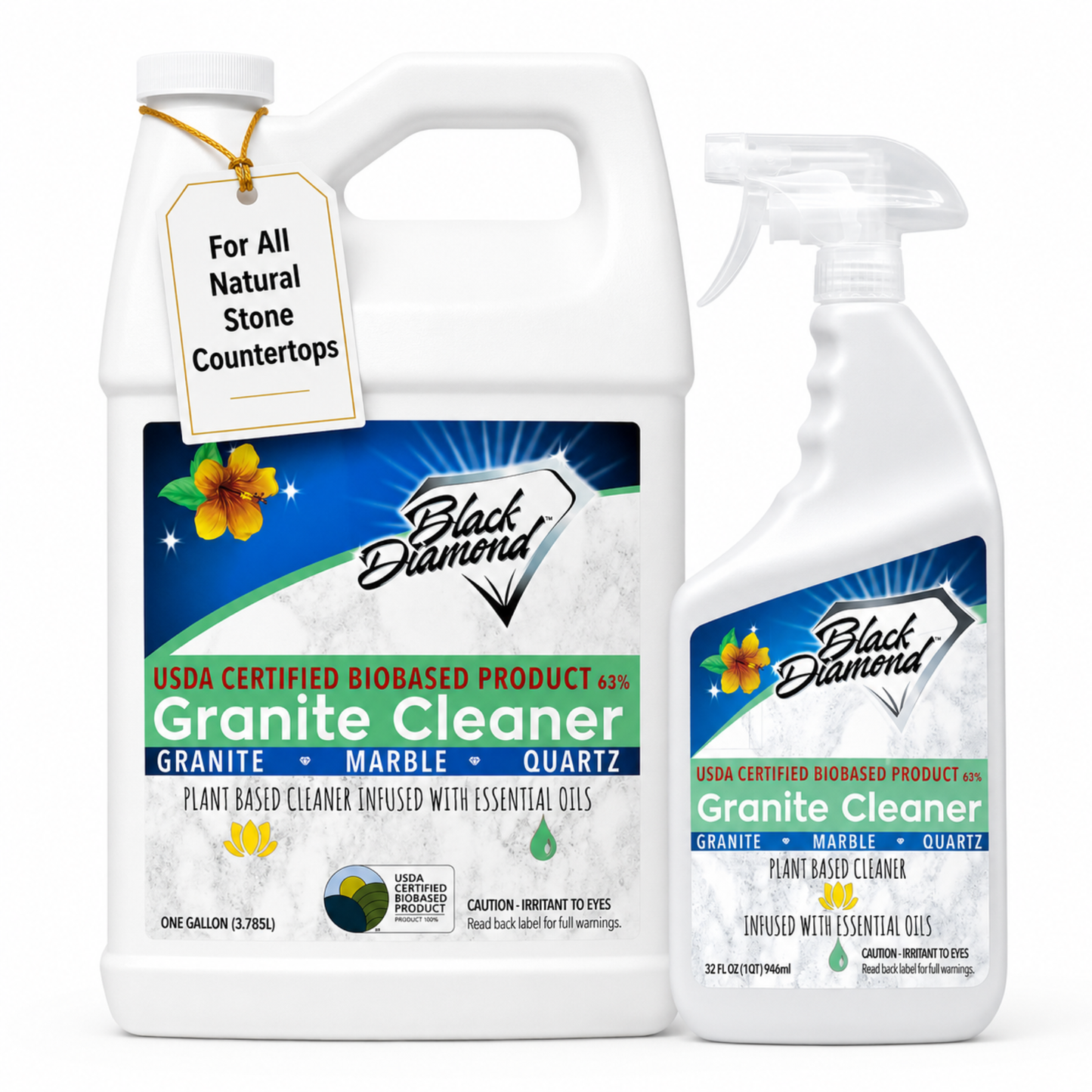 Two bottles of Black Diamond Granite Cleaner on a white background