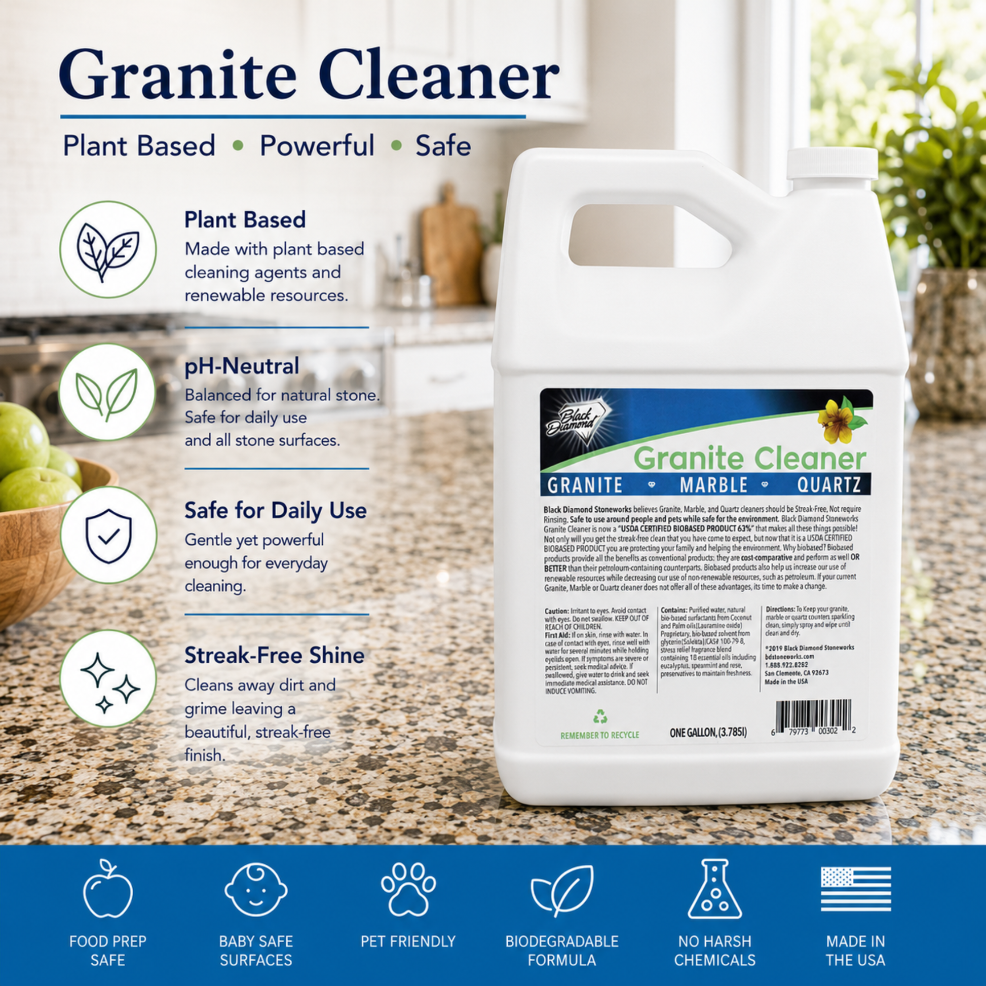 Granite Cleaner bottle with features listed on a kitchen counter background