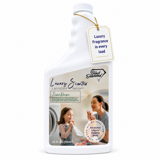 Bottle of Black Diamond laundry wash with a tag indicating luxury fragrance on a white background