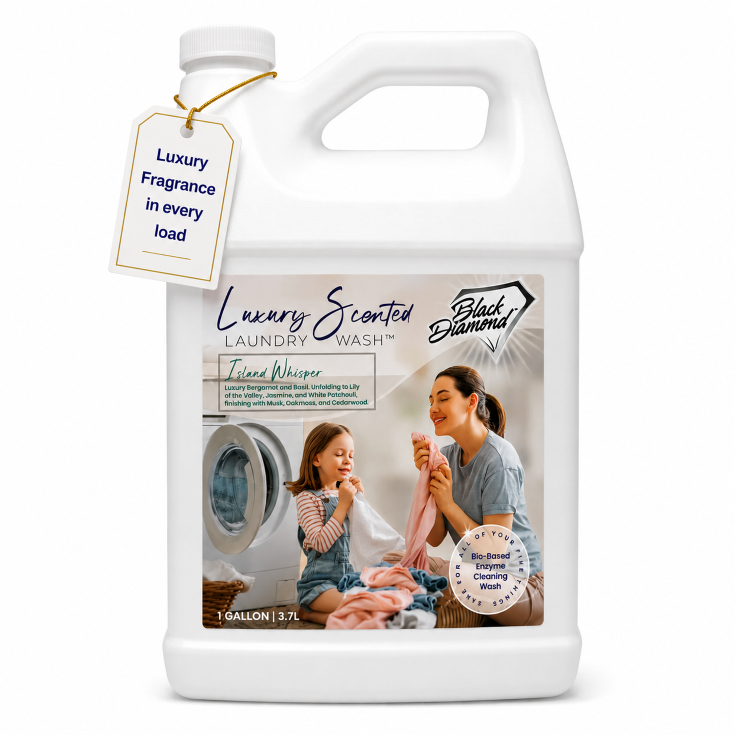 Gallon container of luxury scented laundry wash with a family photo on the label.