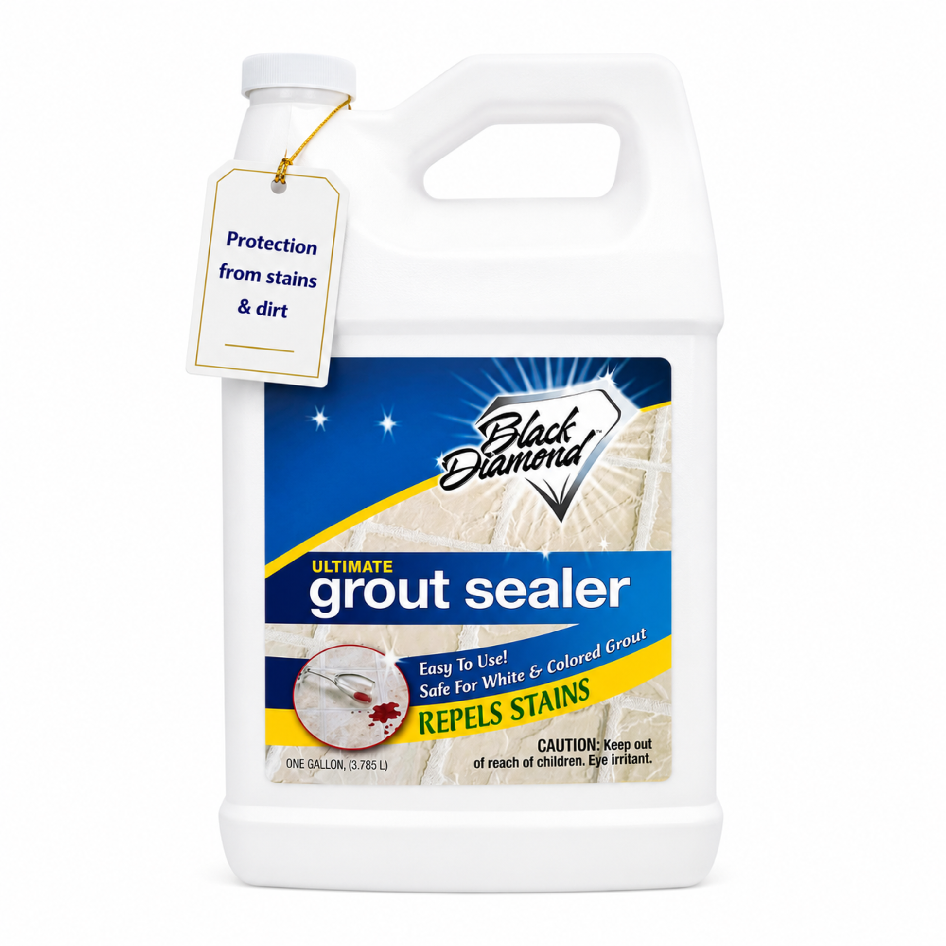 White container of Black Diamond grout sealer with blue label on a white background