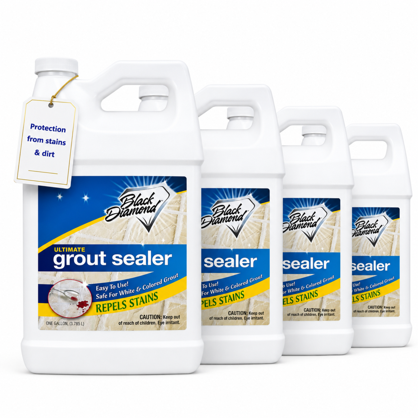 Four bottles of Black Diamond grout sealer on a white background