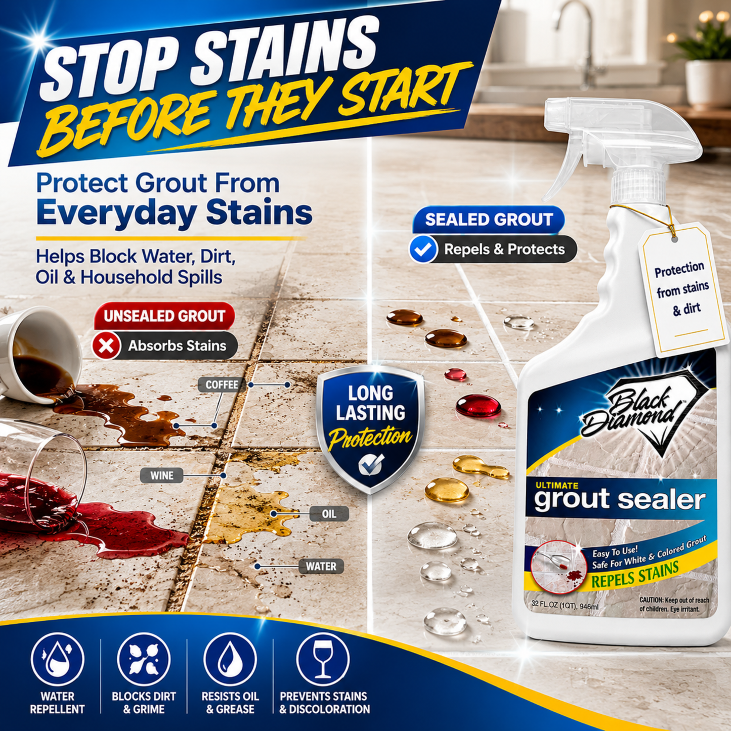 Advertisement for Black Diamond grout sealer with a bottle and images of stains on grout.