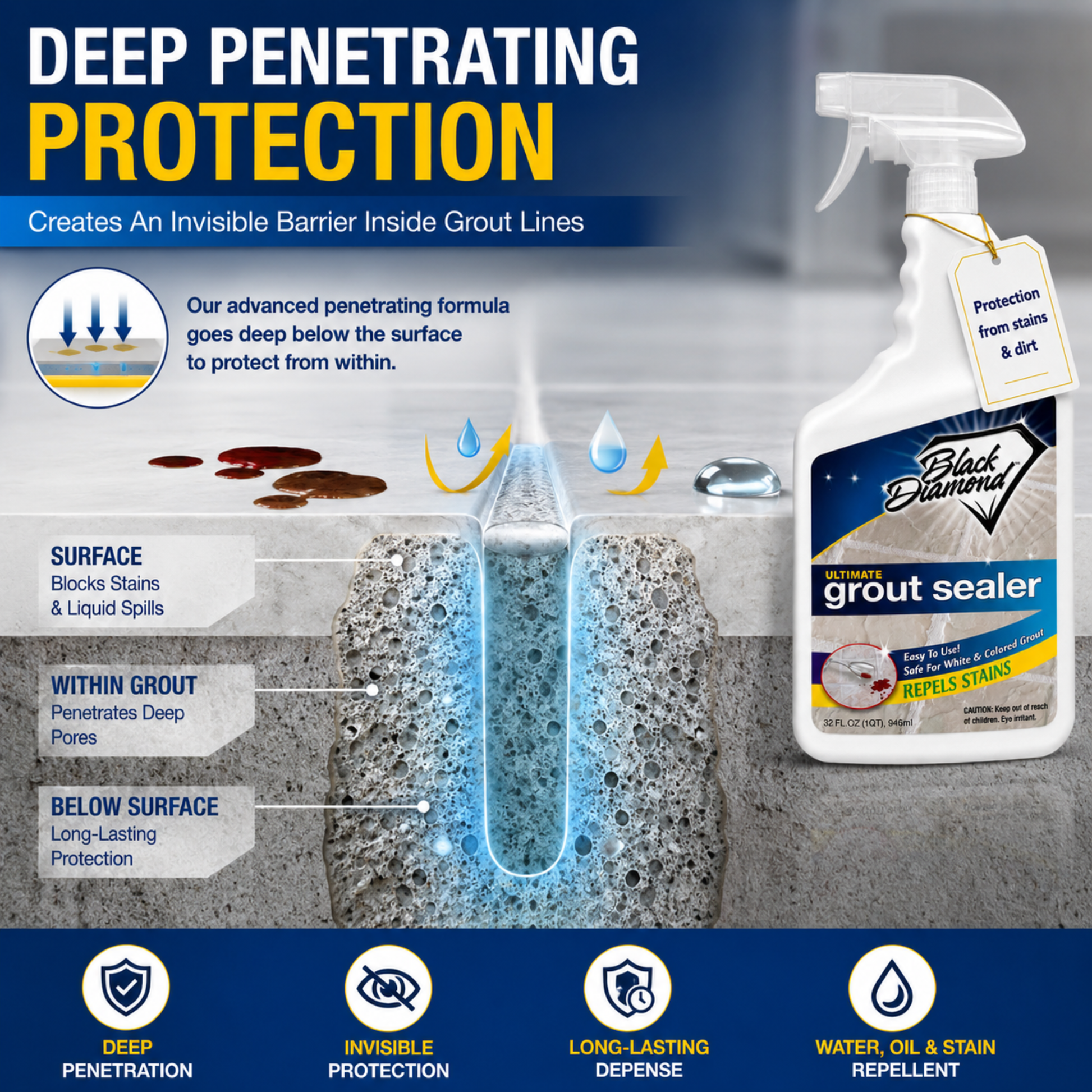 Grout sealer product with diagram showing its effectiveness on grout lines.