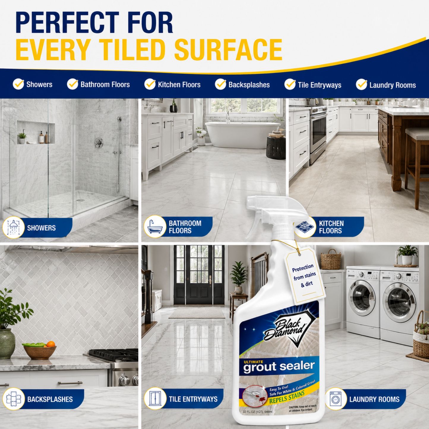 Advertisement for a grout sealer with images of tiled surfaces and a bottle of the product.