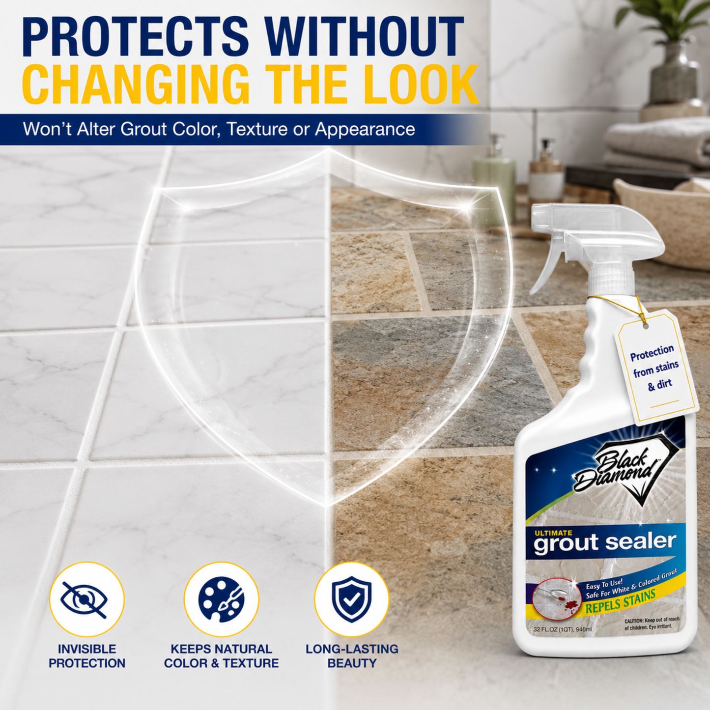 Grout sealer bottle with text highlighting features on a tiled bathroom floor background