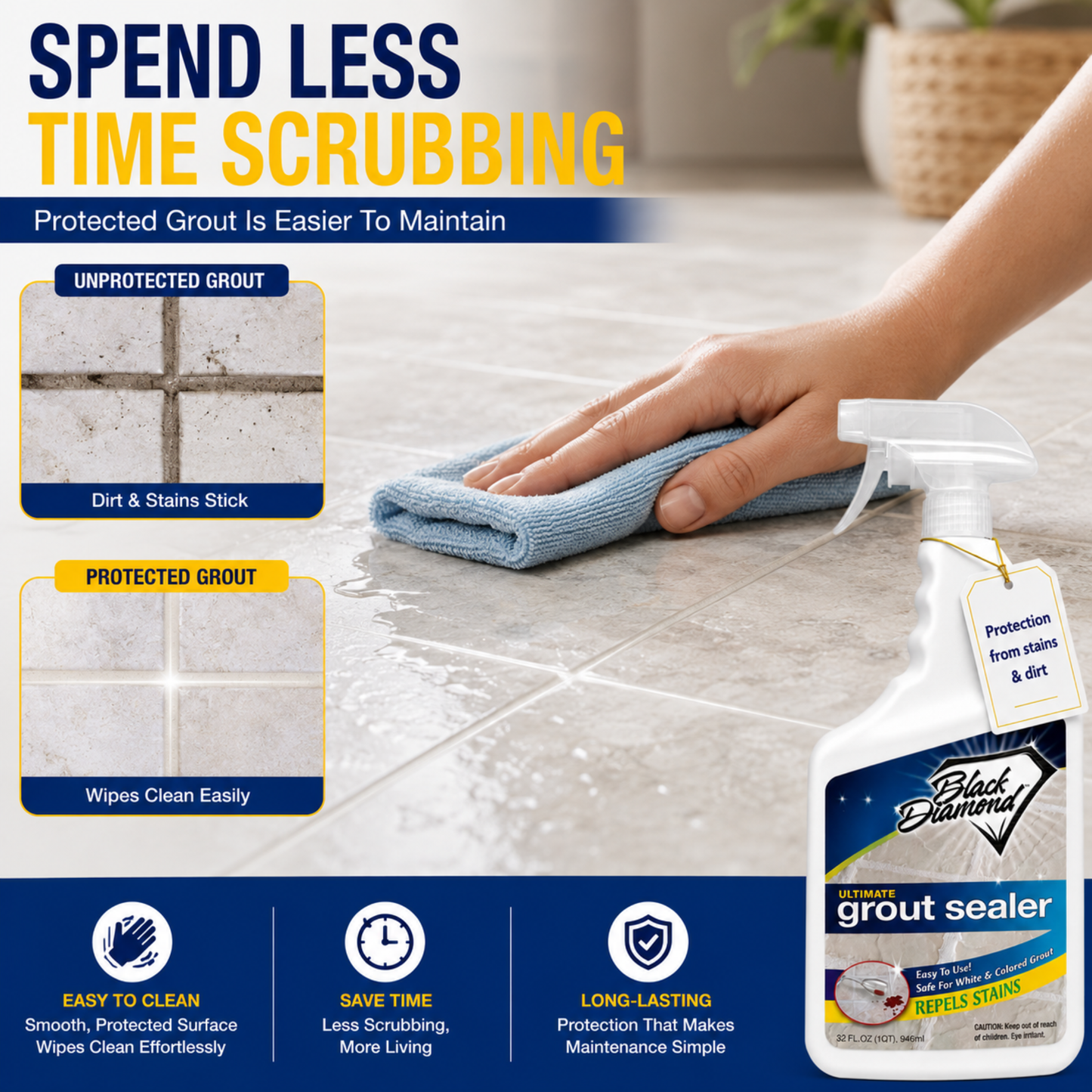 Advertisement for a grout sealer showing a hand cleaning tiled floor with a cloth and a bottle of grout sealer.