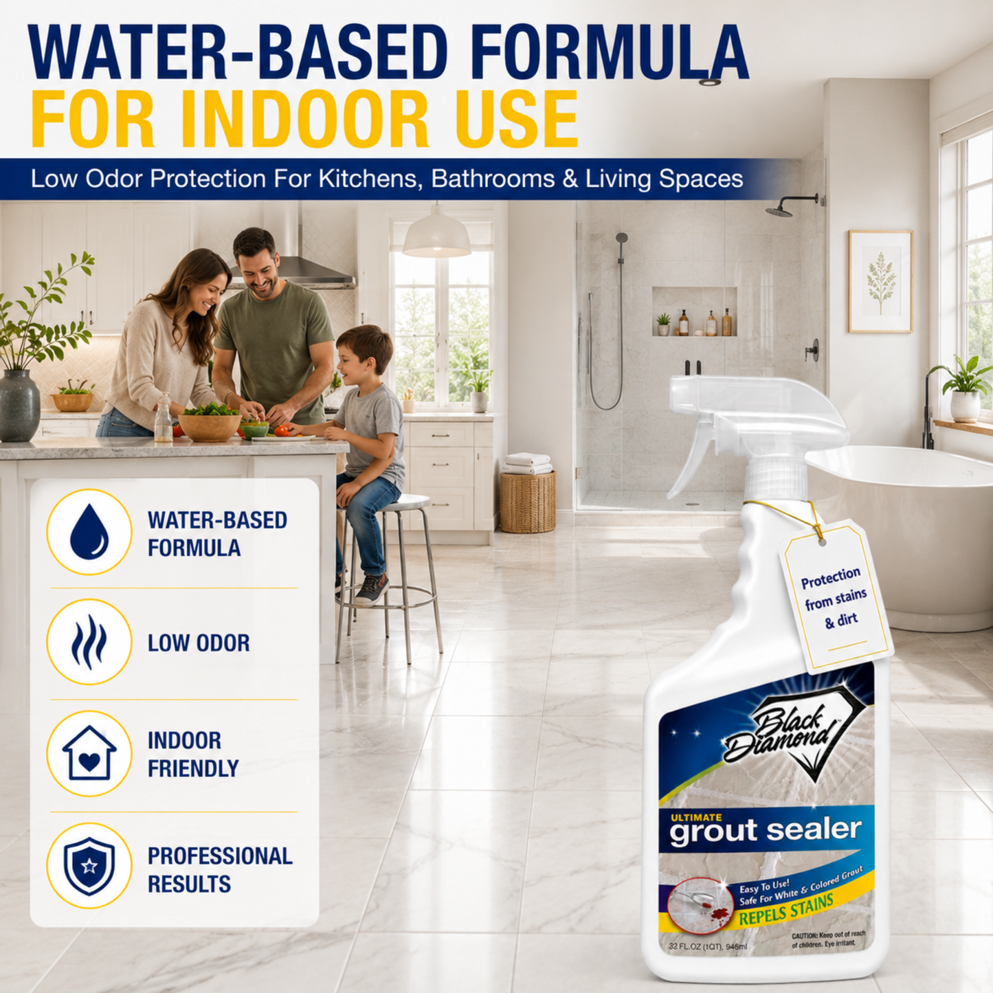 Spray bottle of grout sealer with family in kitchen and bathroom in background