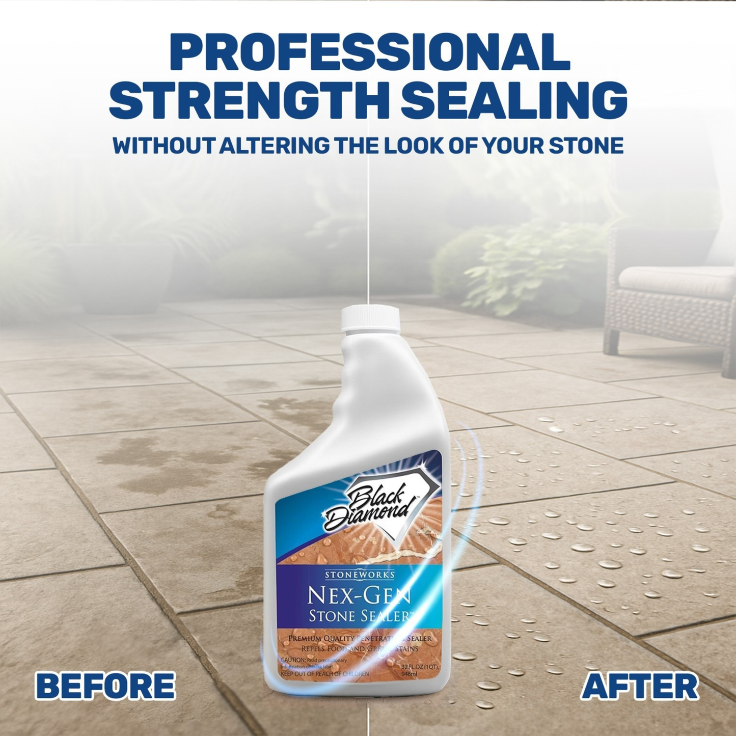 Black Diamond Nex-Gel Stone Sealer bottle with 'Before' and 'After' comparison on a tiled floor.