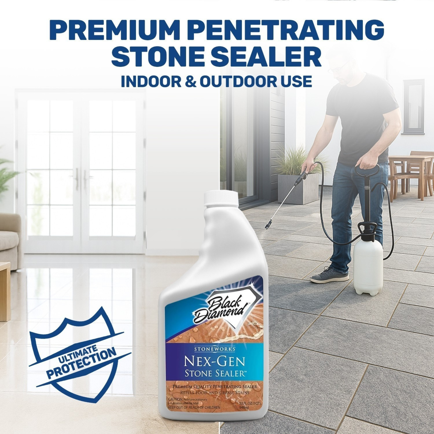 Black Diamond Nex-Gen Stone Sealer bottle with a person using a sprayer on a patio.