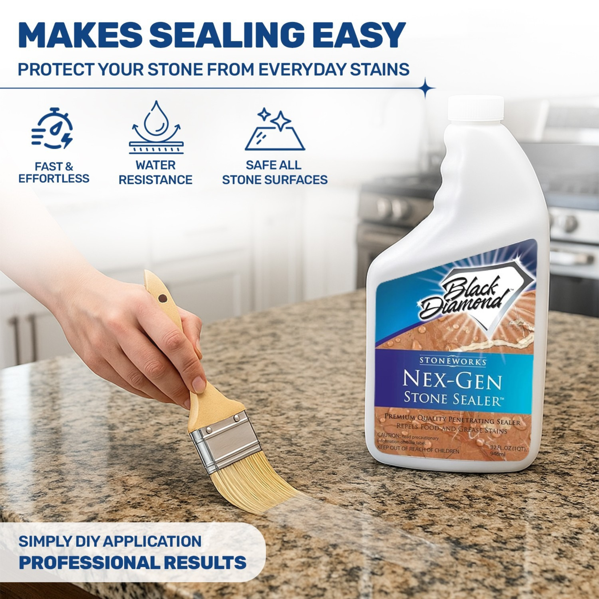 Black Diamond Stoneworks Nex-Gen Stone Sealer bottle with a hand using a brush on a stone surface.